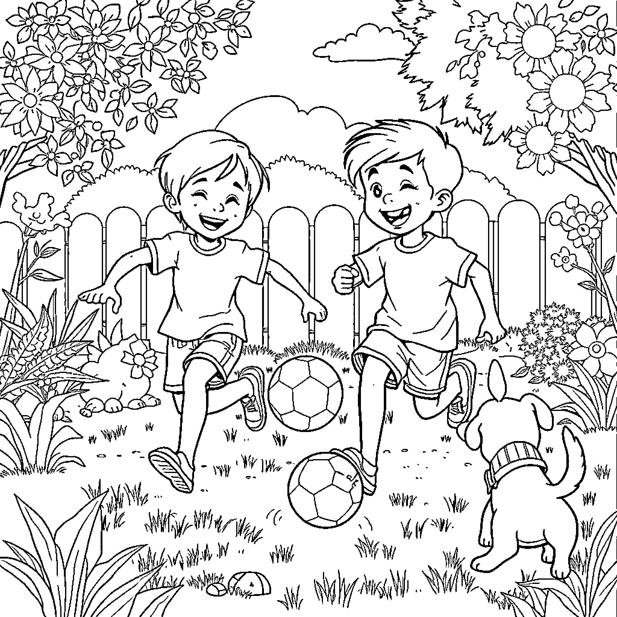 Kids playing with soccer ball in garden Coloring Page (free black-and-white line drawing printable PDF for all, from beginners to advanced learners, including children, teens, adults, and seniors)