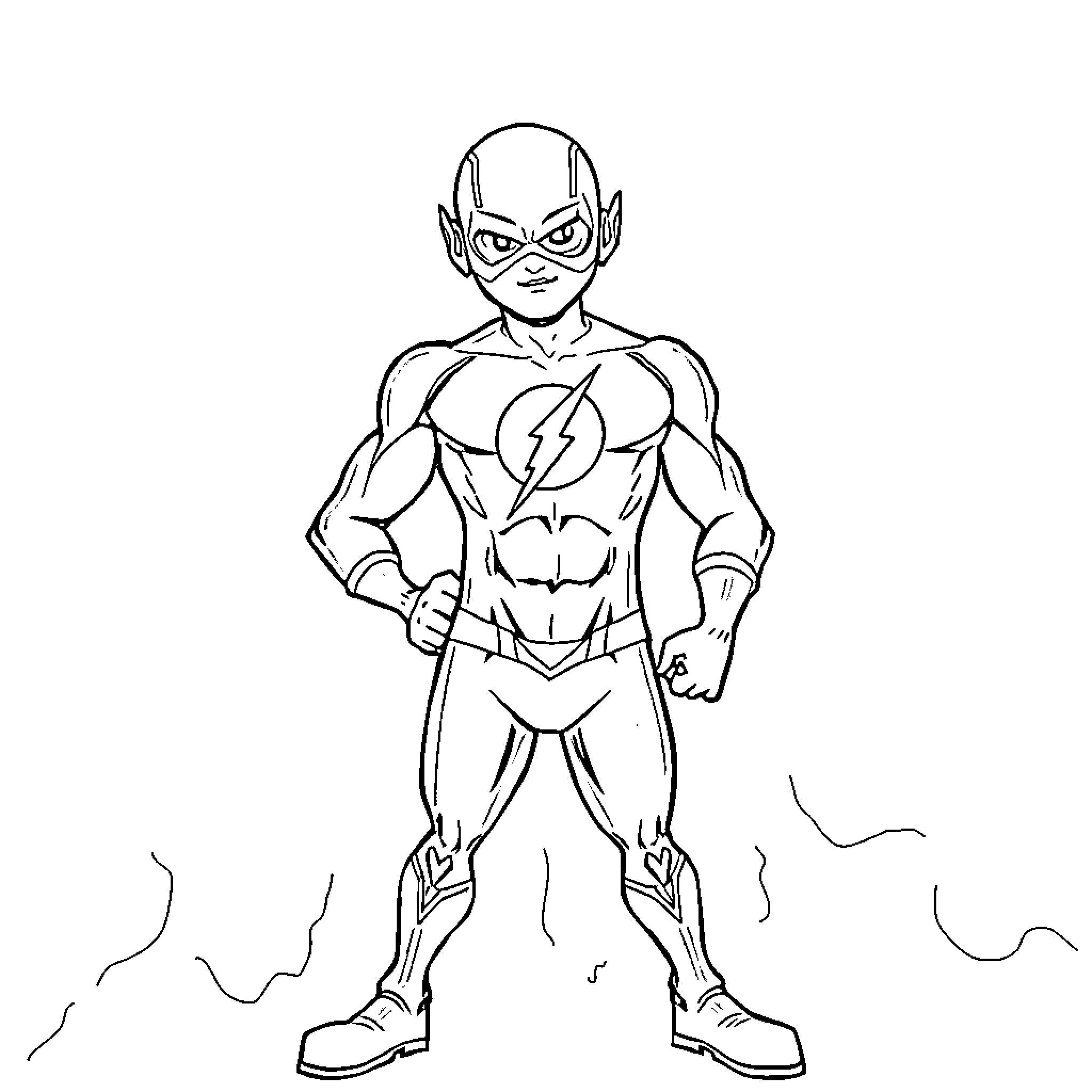 Flash superhero posing with lightning bolt Coloring Page (free black-and-white line drawing printable PDF for all, from beginners to advanced learners, including children, teens, adults, and seniors)
