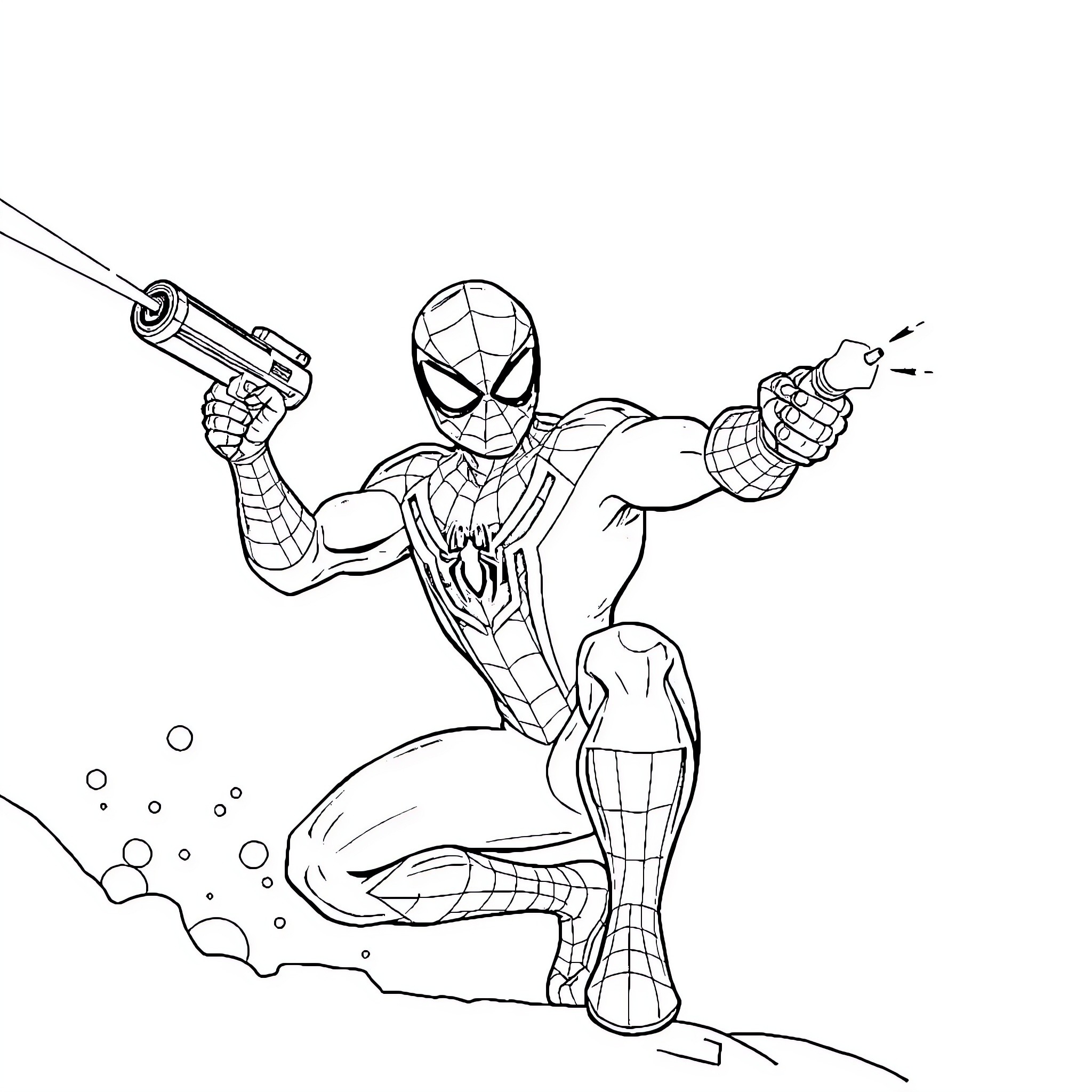 Spiderman swinging into action with webshooters Coloring Page (free black-and-white line drawing printable PDF for all, from beginners to advanced learners, including children, teens, adults, and seniors)