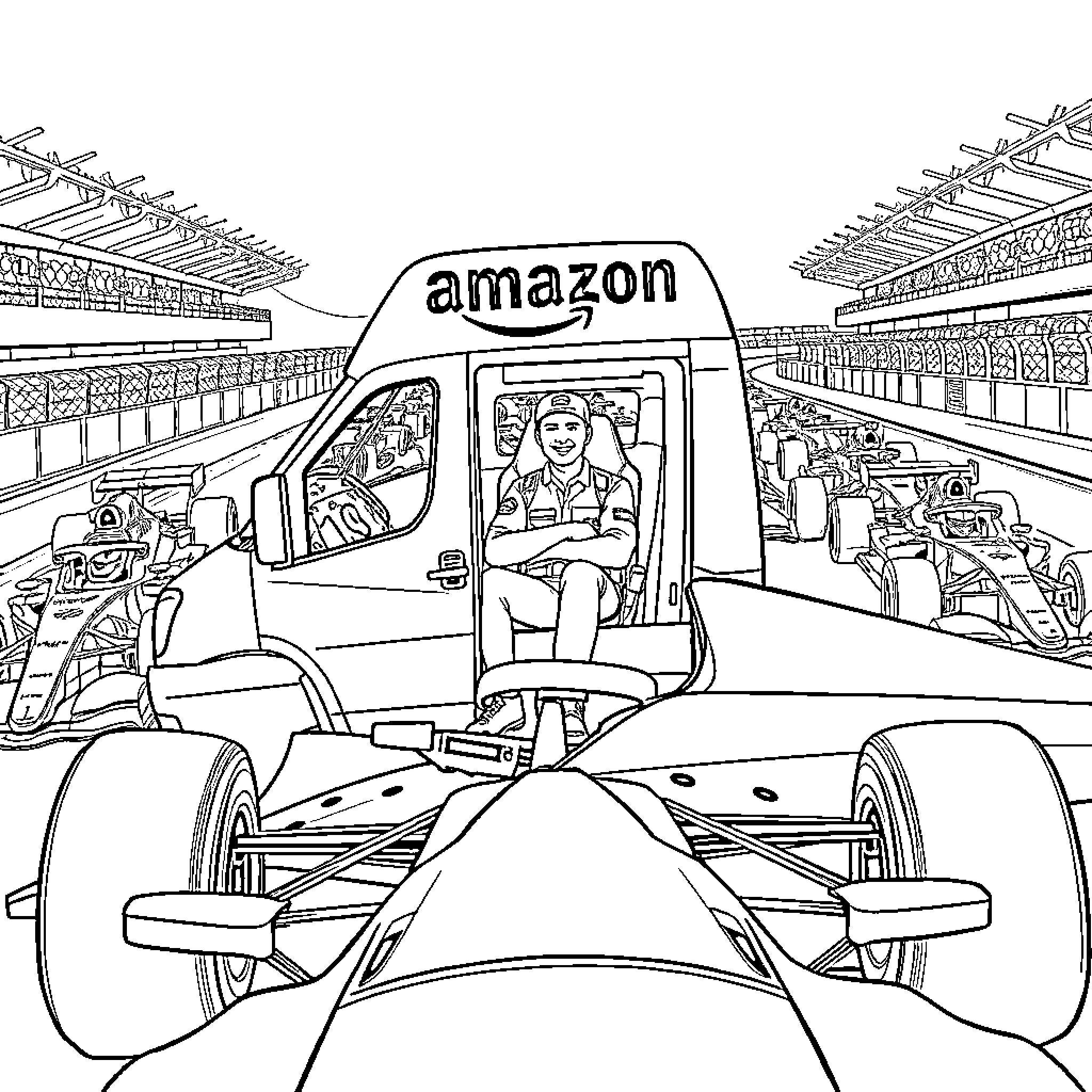 Van Carrying Amazon Merchandise on Racetrack Coloring Page (free black-and-white line drawing printable PDF for all, from beginners to advanced learners, including children, teens, adults, and seniors)