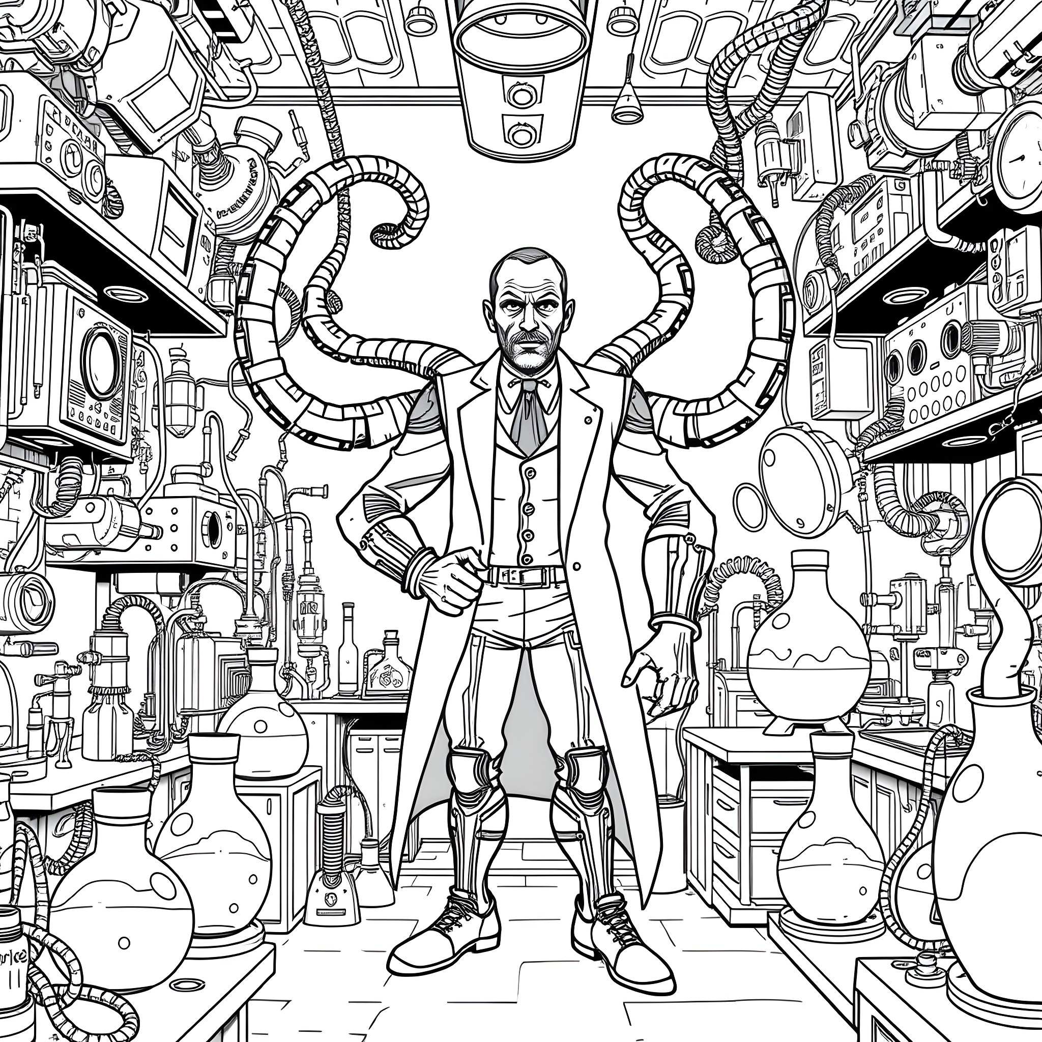 Otto's Eccentric Invention Lair Coloring Page (free black-and-white line drawing printable PDF for all, from beginners to advanced learners, including children, teens, adults, and seniors)