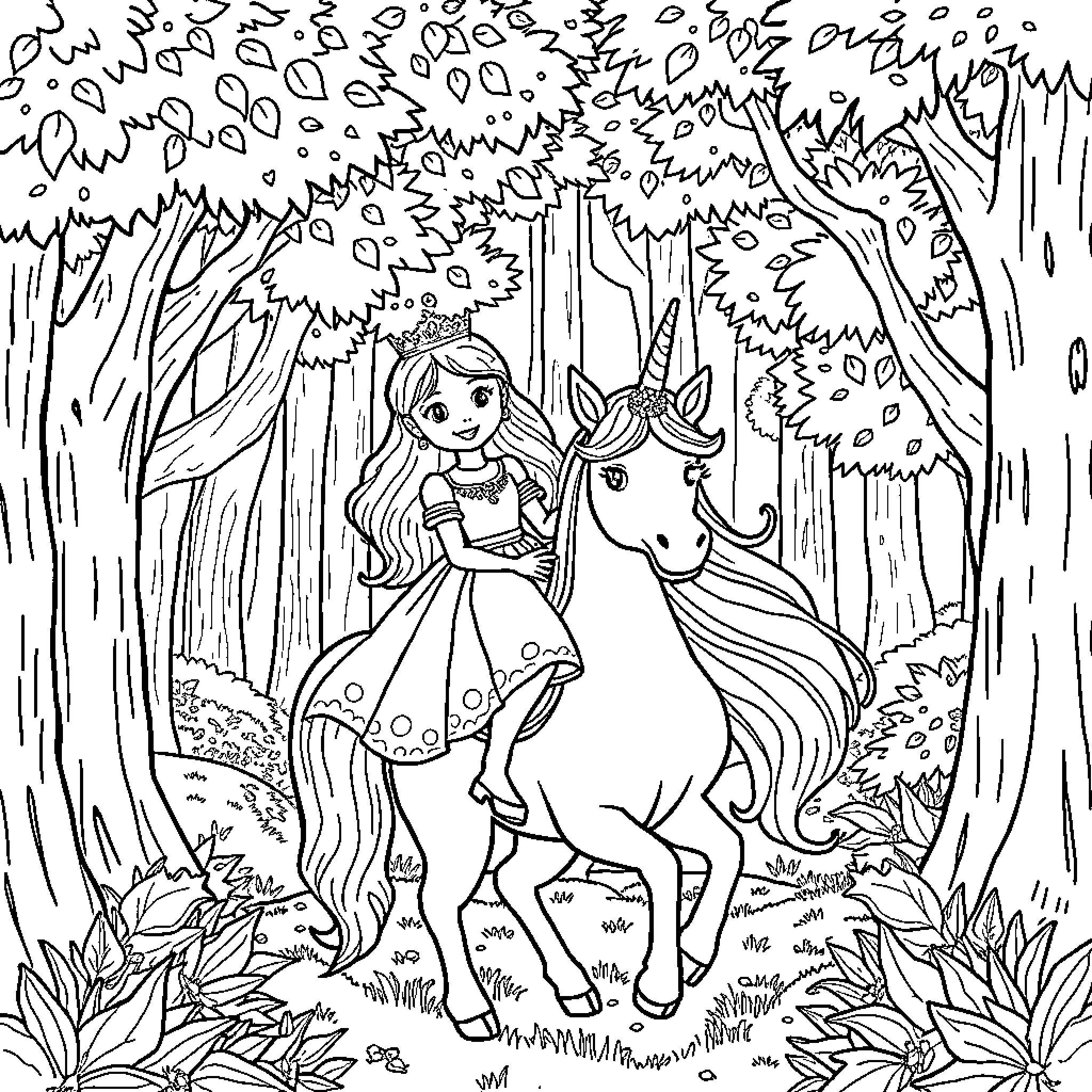 Princess riding a unicorn through the enchanted forest Coloring Page (free black-and-white line drawing printable PDF for all, from beginners to advanced learners, including children, teens, adults, and seniors)