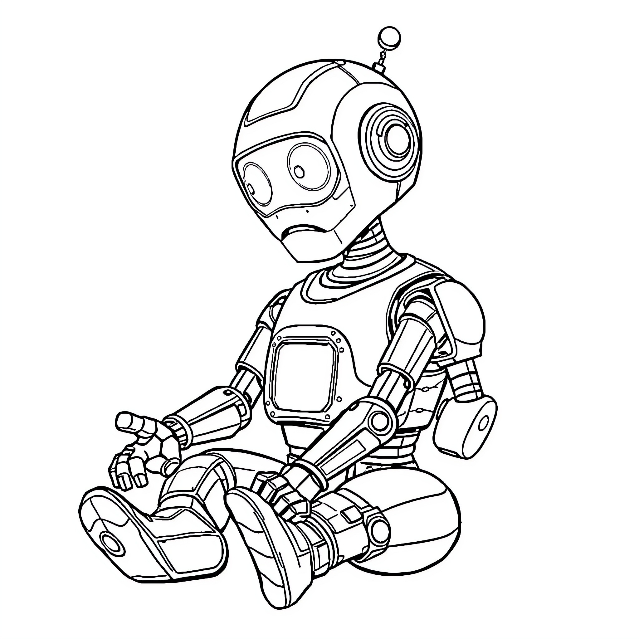 Robot Sitting and Pondering Coloring Page (free black-and-white line drawing printable PDF for all, from beginners to advanced learners, including children, teens, adults, and seniors)