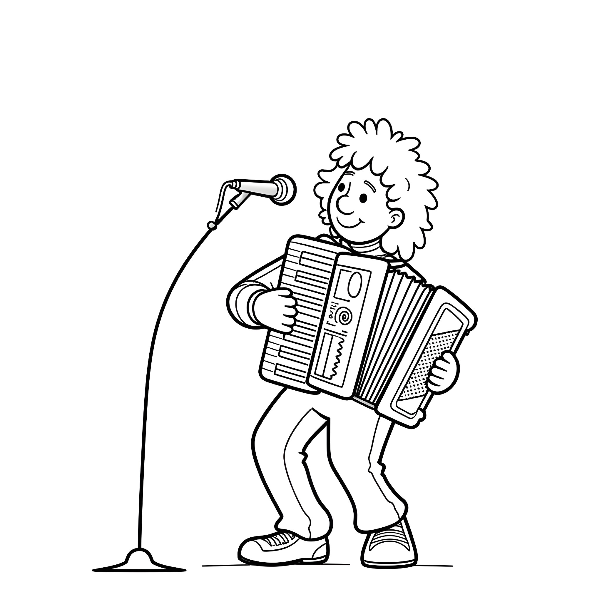 Weird Al Performing with Accordion on Stage Coloring Page (free black-and-white line drawing printable PDF for all, from beginners to advanced learners, including children, teens, adults, and seniors)