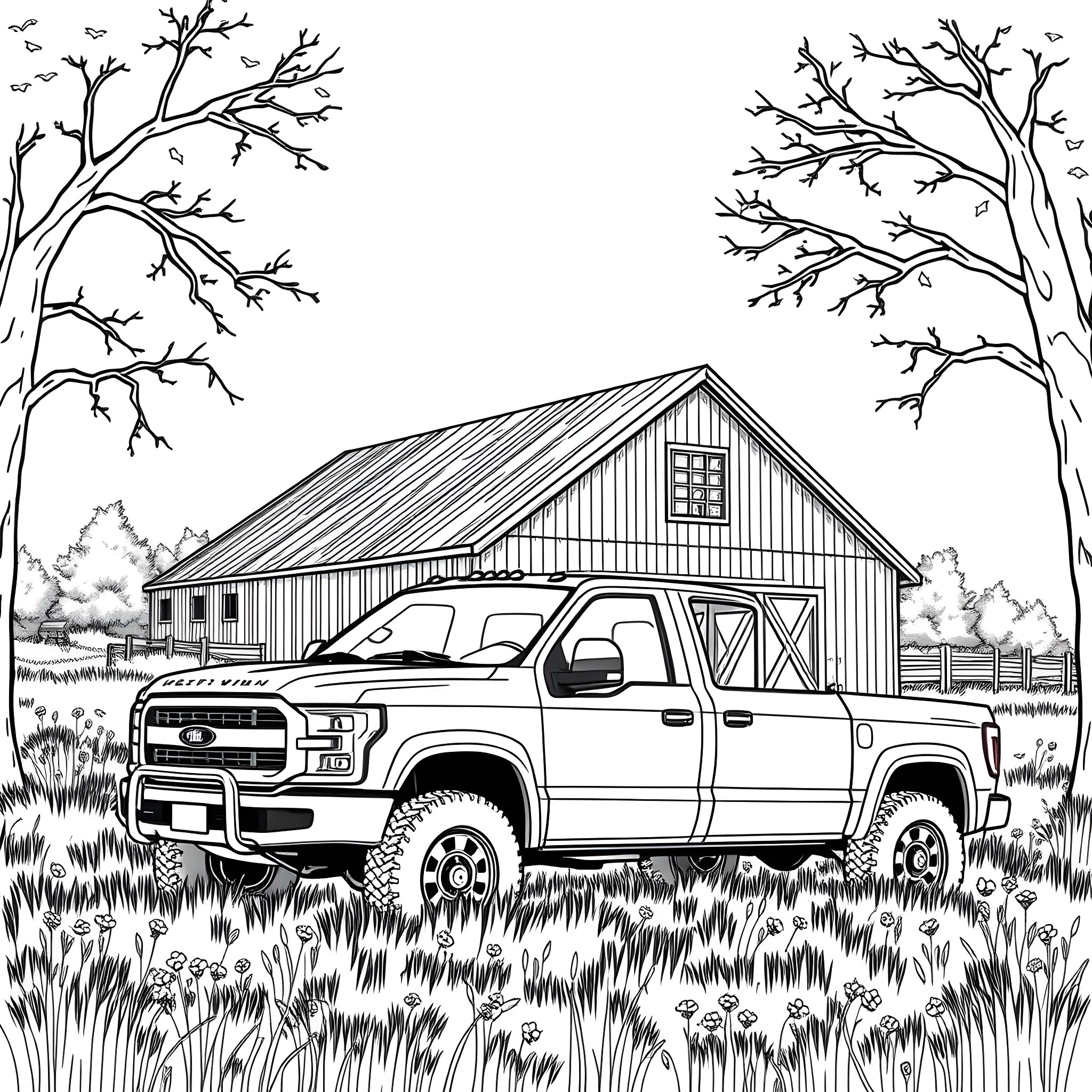 Pick Up Truck Parked in Rustic Farm Field Coloring Page (free black-and-white line drawing printable PDF for all, from beginners to advanced learners, including children, teens, adults, and seniors)