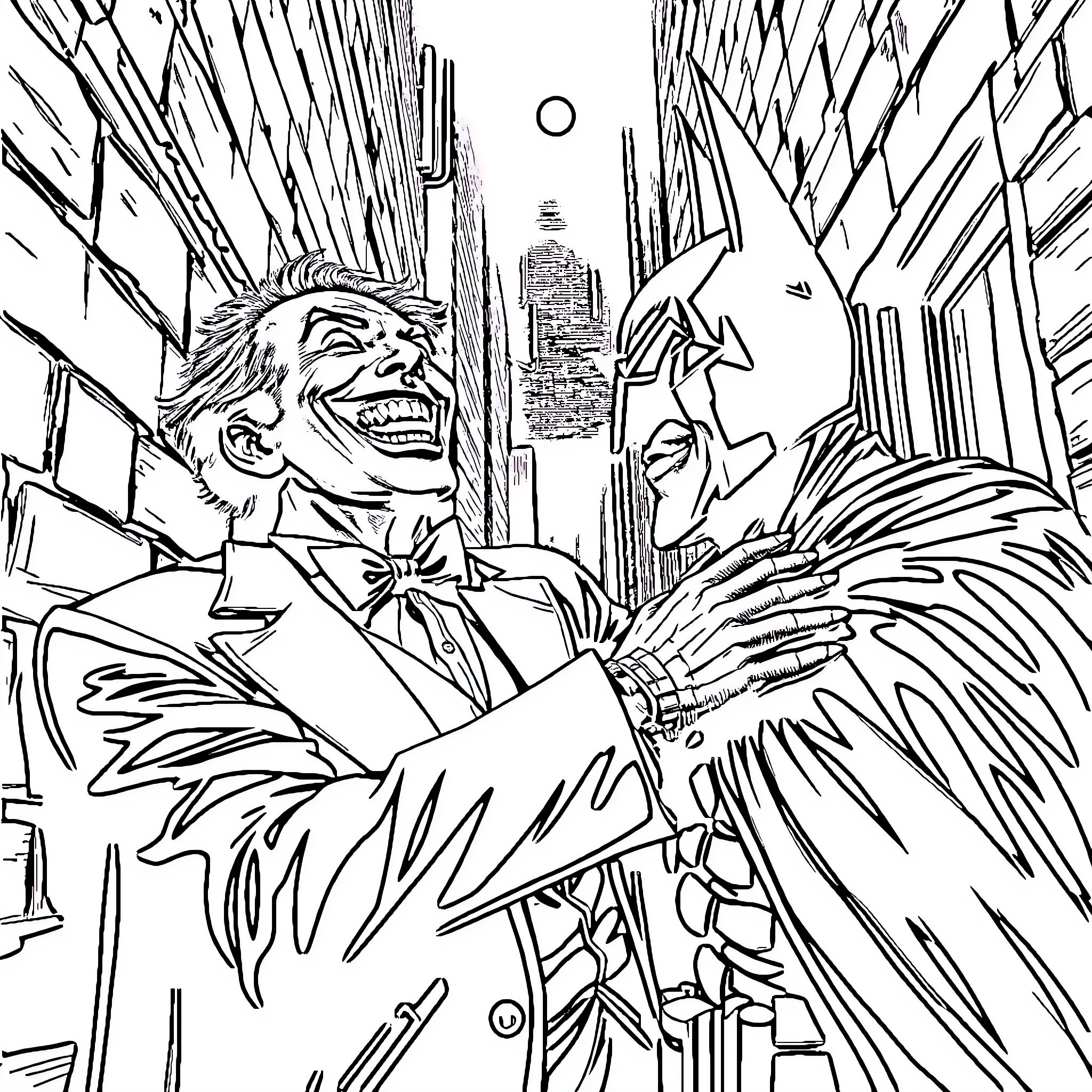 Joker's Chaotic Reign in the City Coloring Page (free black-and-white line drawing printable PDF for all, from beginners to advanced learners, including children, teens, adults, and seniors)