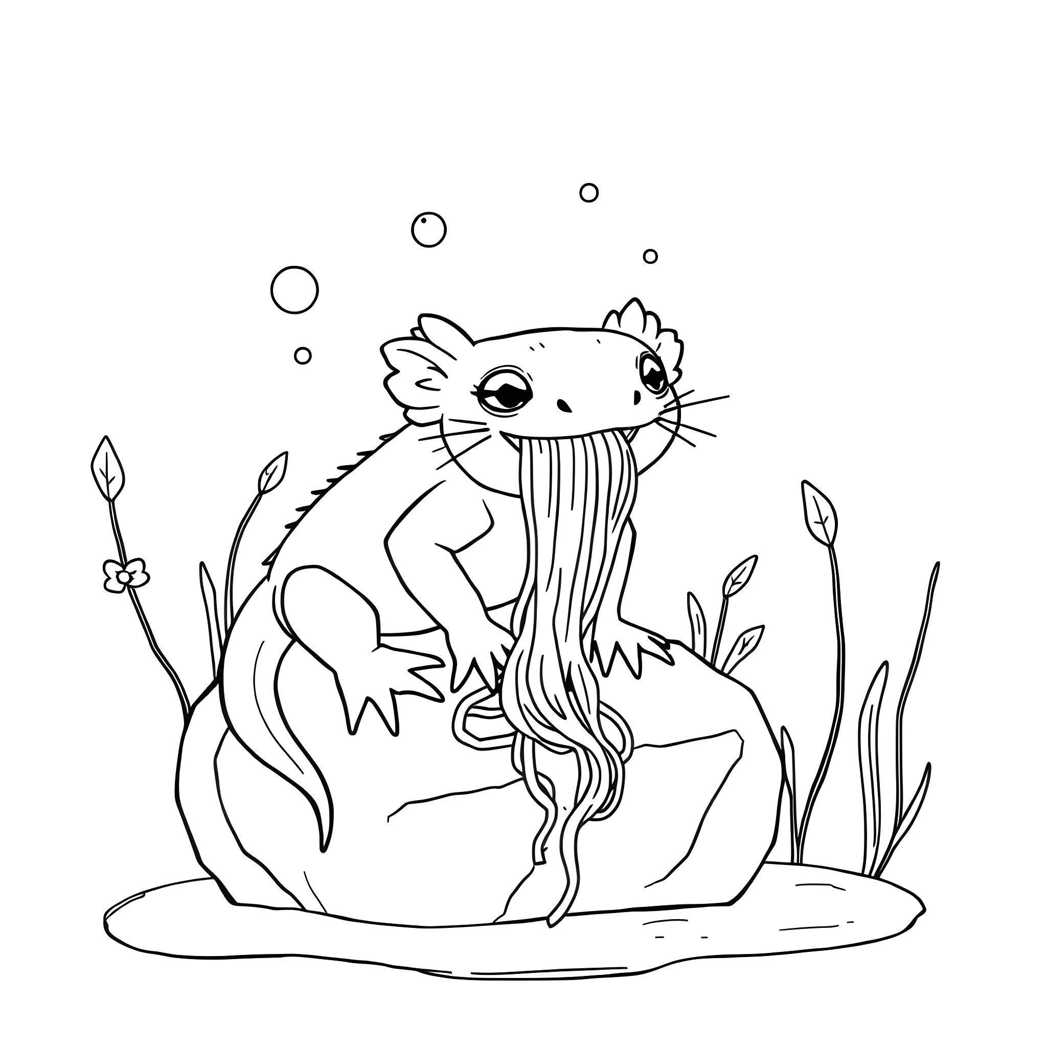 Axolotl swimming gracefully in the underwater garden Coloring Page (free black-and-white line drawing printable PDF for all, from beginners to advanced learners, including children, teens, adults, and seniors)