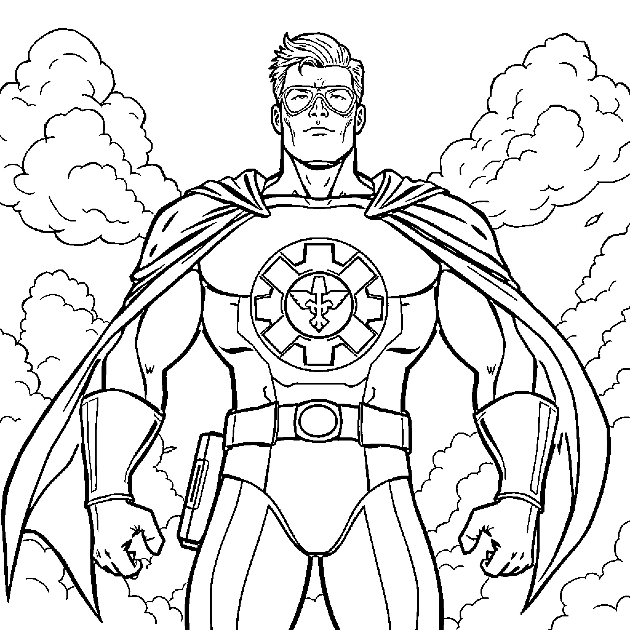 Superhero in powerful stance with emblem and cape Coloring Page (free black-and-white line drawing printable PDF for all, from beginners to advanced learners, including children, teens, adults, and seniors)