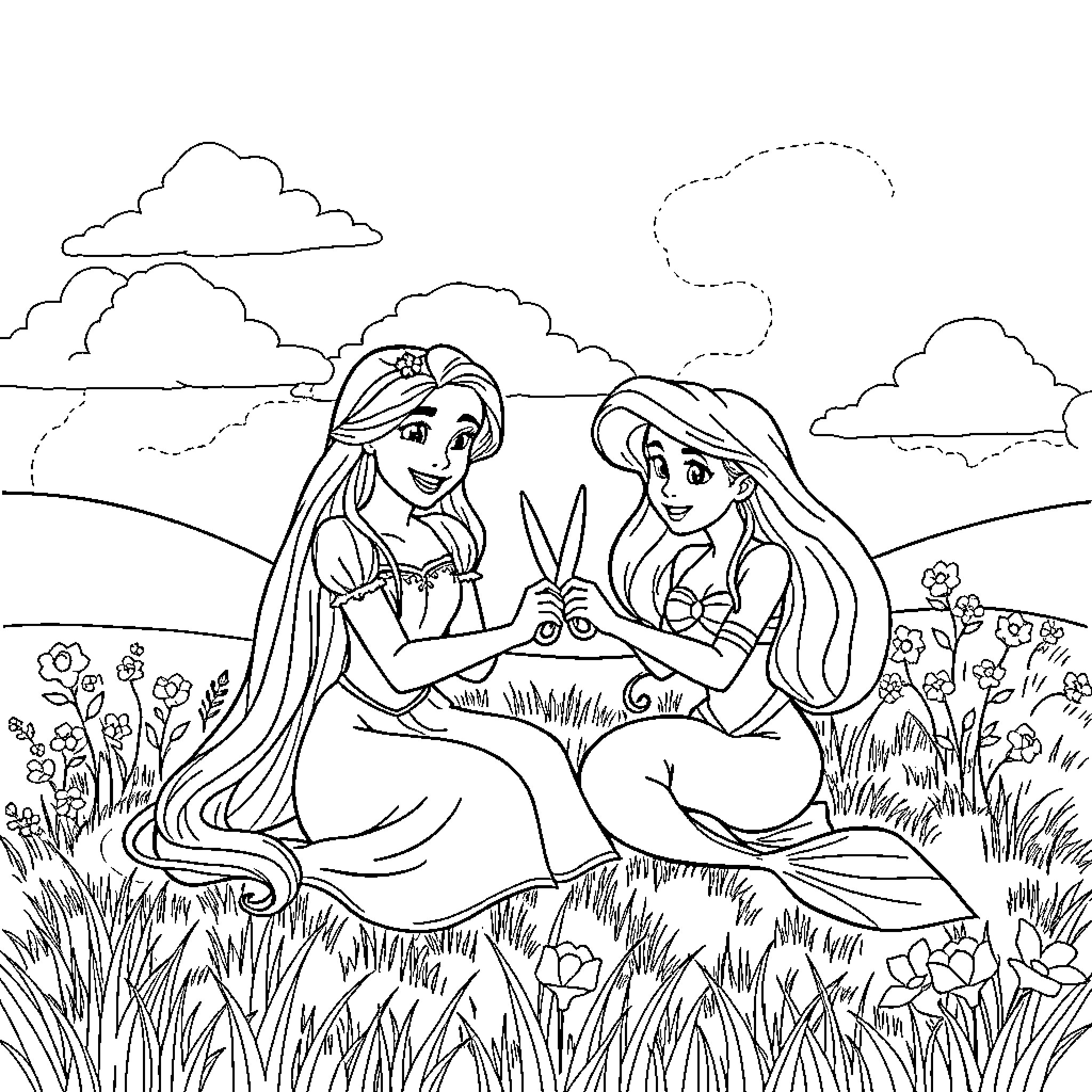 Rapunzel and friends enjoying a peaceful day outdoors Coloring Page (free black-and-white line drawing printable PDF for all, from beginners to advanced learners, including children, teens, adults, and seniors)