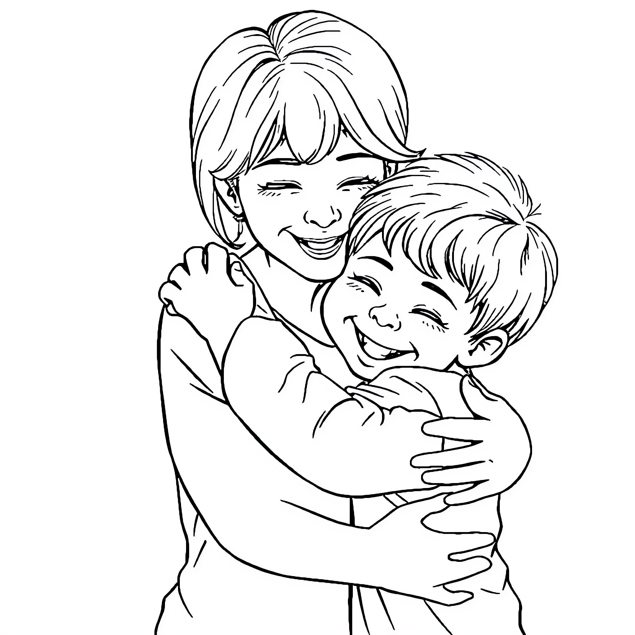 Mom hugging and embracing her child happily Coloring Page (free black-and-white line drawing printable PDF for all, from beginners to advanced learners, including children, teens, adults, and seniors)