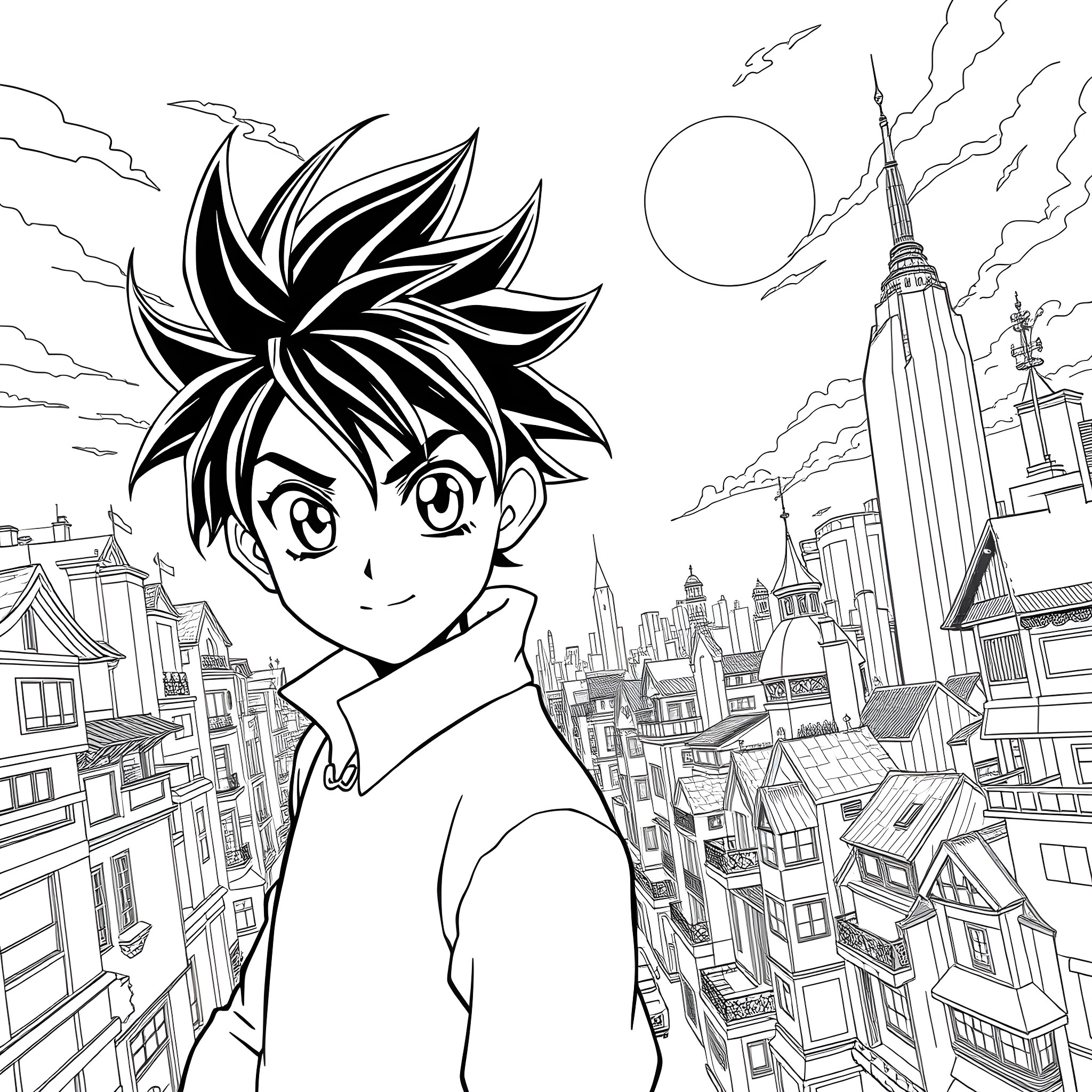 Anime Boy Exploring the Bustling City Skyline Coloring Page (free black-and-white line drawing printable PDF for all, from beginners to advanced learners, including children, teens, adults, and seniors)