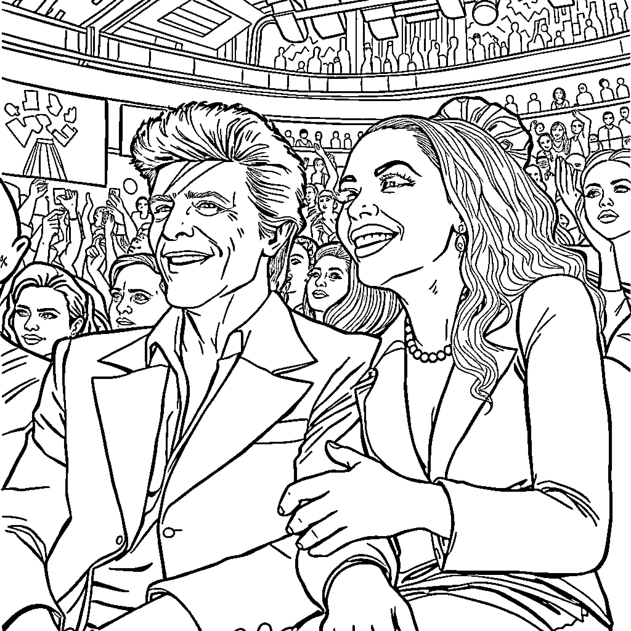 David Bowie performing on stage with fans Coloring Page (free black-and-white line drawing printable PDF for all, from beginners to advanced learners, including children, teens, adults, and seniors)
