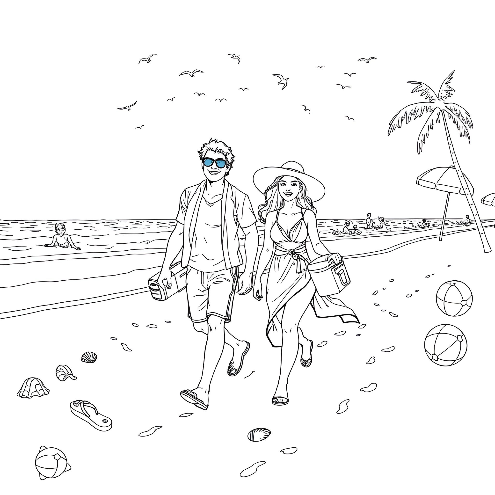 Beach stroll with friends enjoying summer fun Coloring Page (free black-and-white line drawing printable PDF for all, from beginners to advanced learners, including children, teens, adults, and seniors)