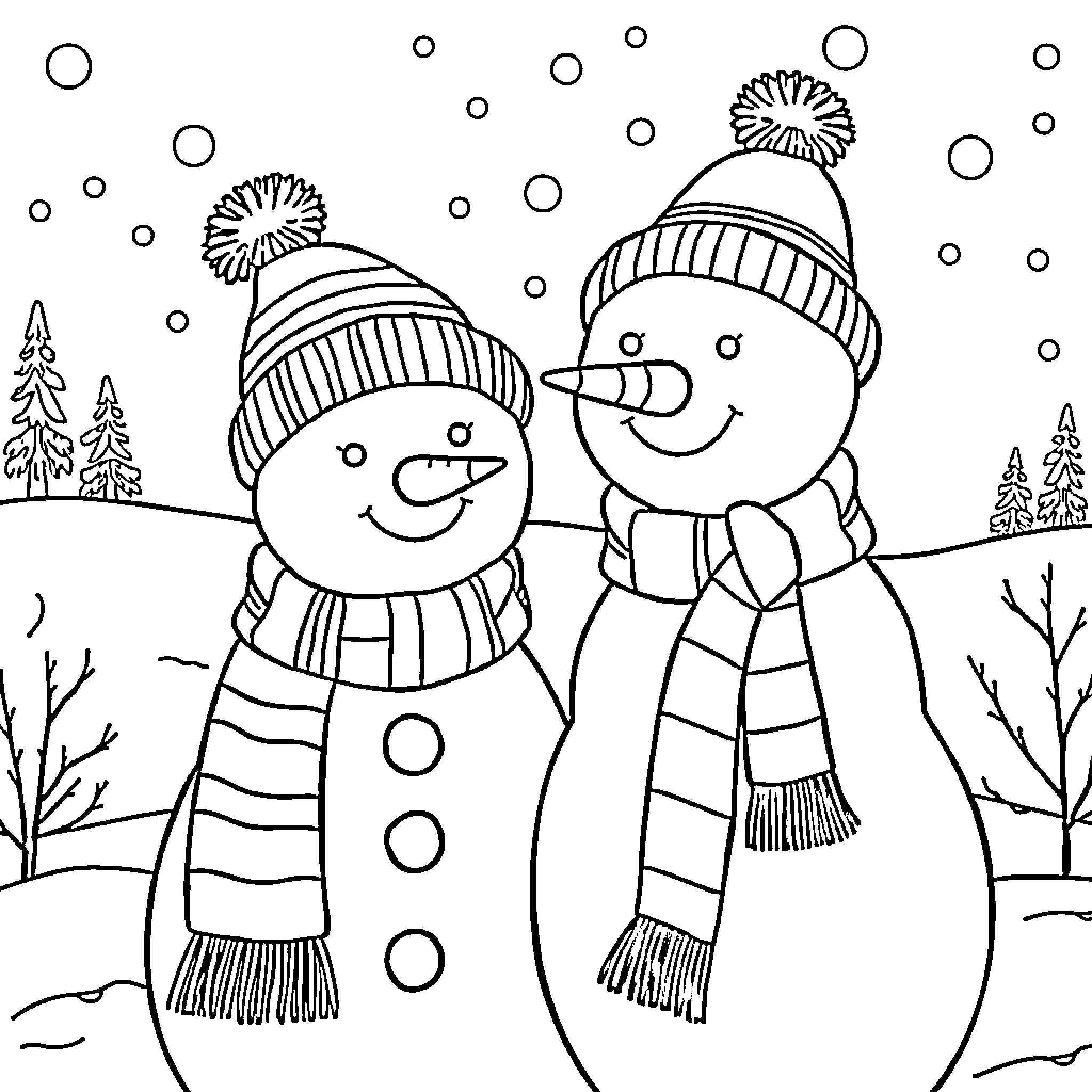 Snowman couple enjoying the winter scenery Coloring Page (free black-and-white line drawing printable PDF for all, from beginners to advanced learners, including children, teens, adults, and seniors)