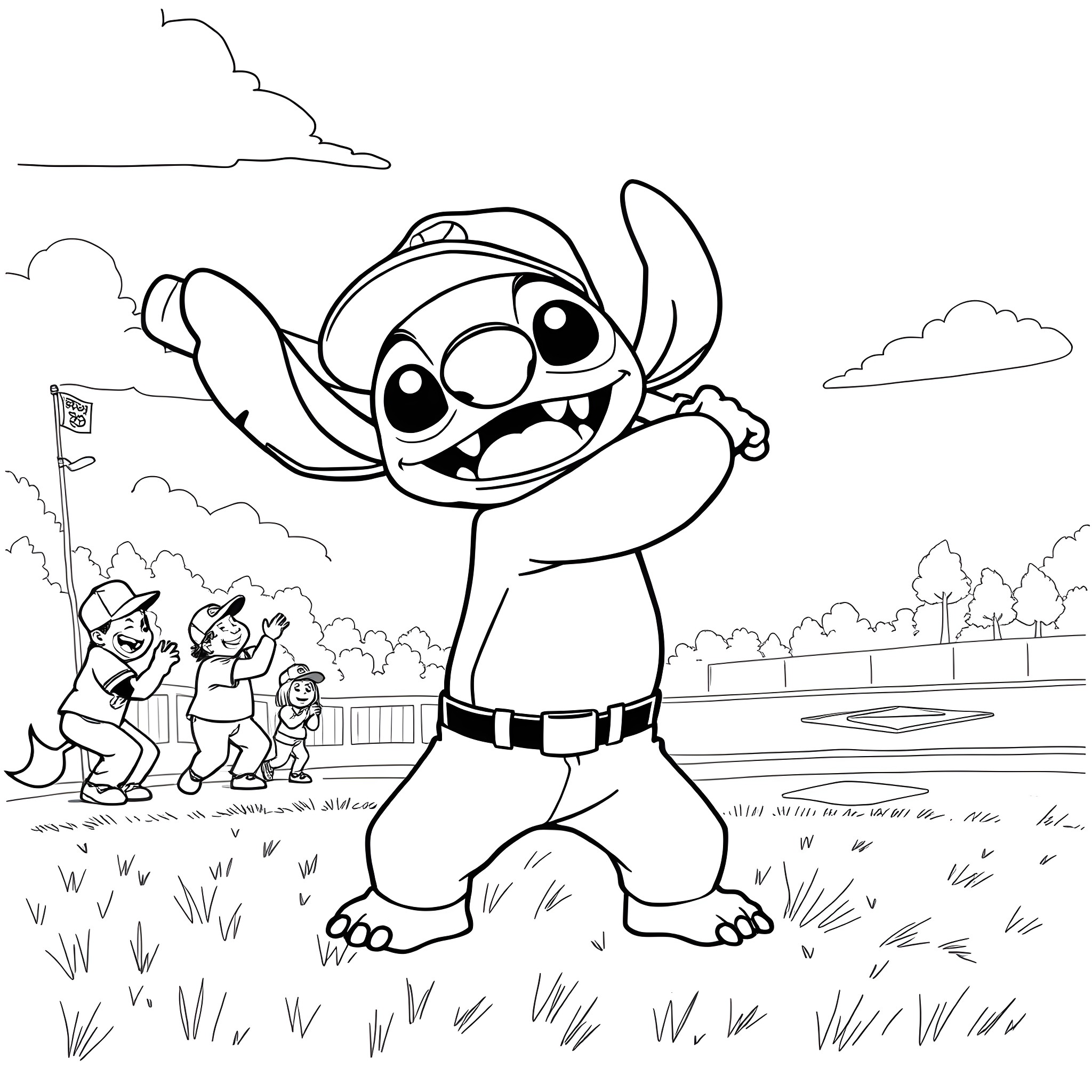 Stitch playing happily with children in the park Coloring Page (free black-and-white line drawing printable PDF for all, from beginners to advanced learners, including children, teens, adults, and seniors)