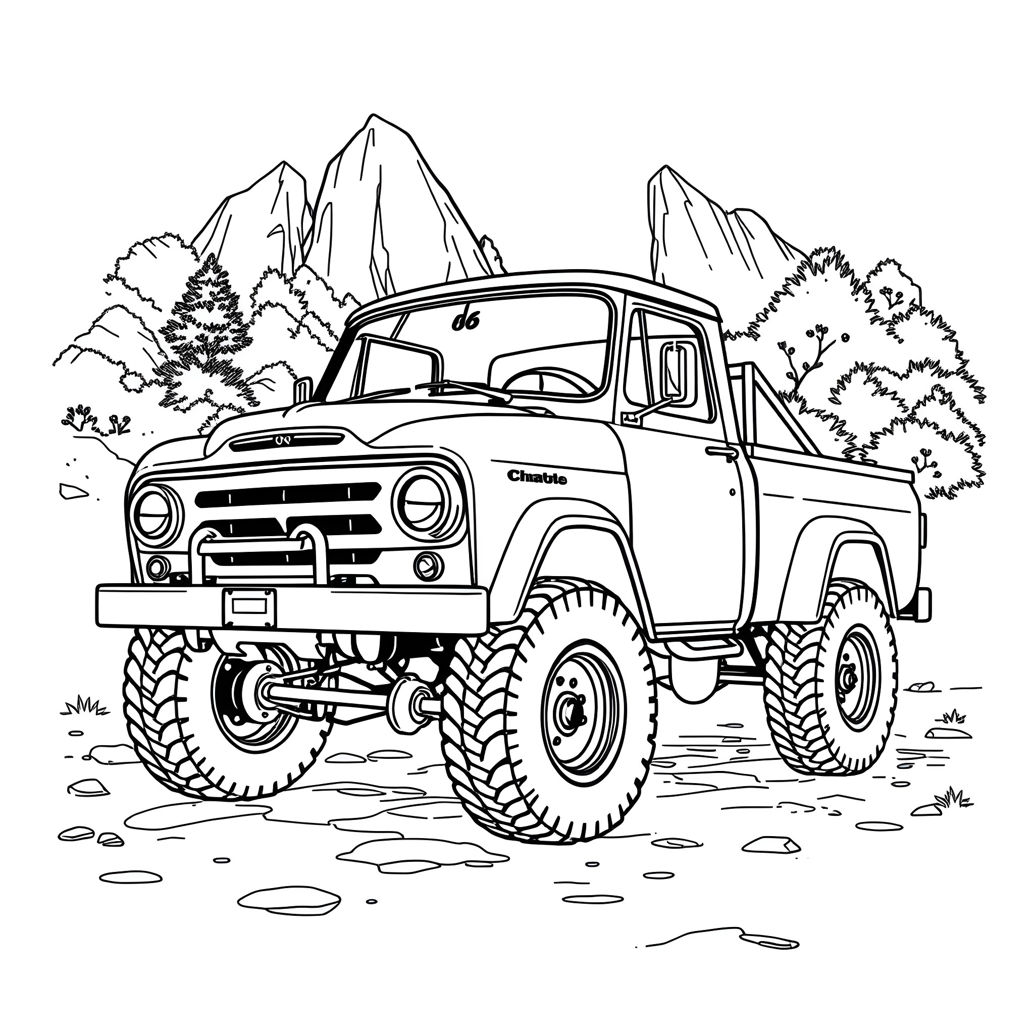 Daf 66: Rugged Offroad Truck in Mountain Landscape Coloring Page (free black-and-white line drawing printable PDF for all, from beginners to advanced learners, including children, teens, adults, and seniors)
