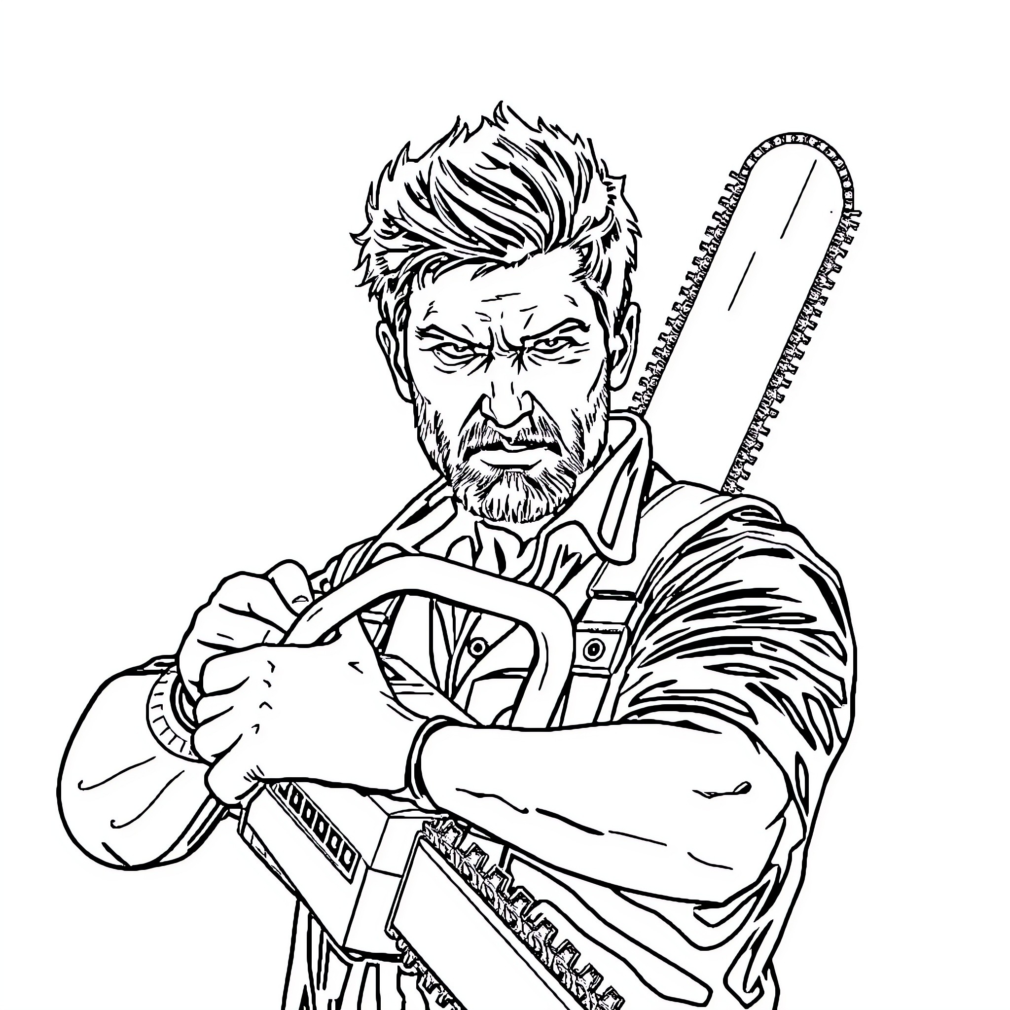 Ash Williams wielding a chainsaw in a defiant pose Coloring Page (free black-and-white line drawing printable PDF for all, from beginners to advanced learners, including children, teens, adults, and seniors)
