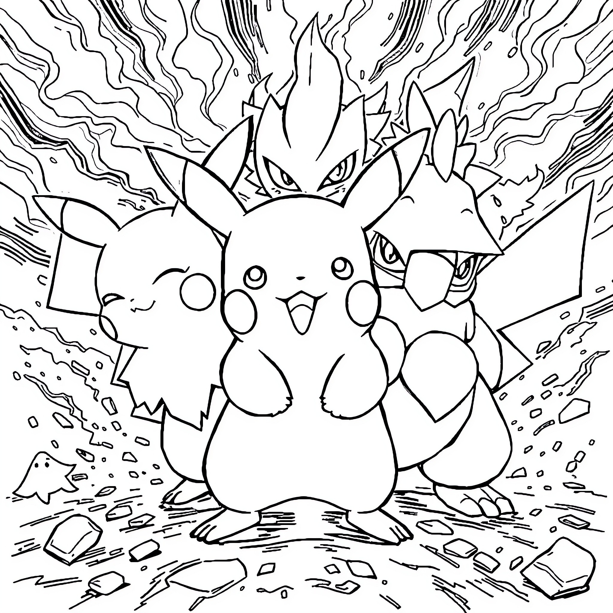 Pokémon characters in an epic battle scene Coloring Page (free black-and-white line drawing printable PDF for all, from beginners to advanced learners, including children, teens, adults, and seniors)