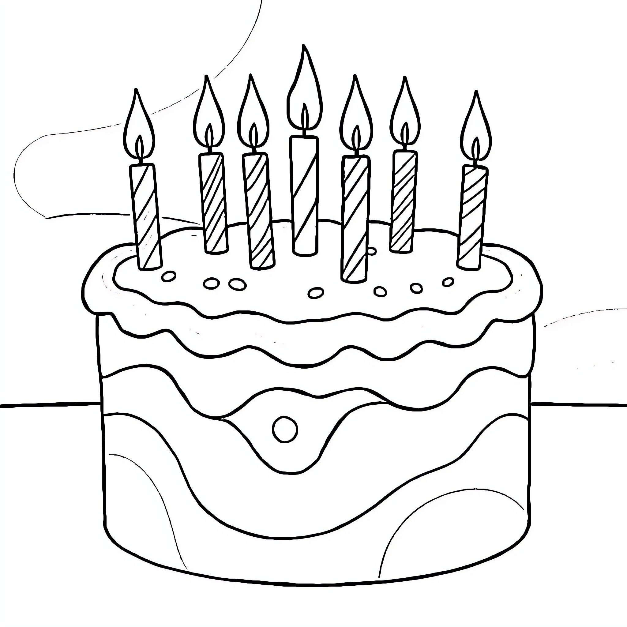 Birthday Cake with Lit Candles on a Decorated Cake Coloring Page (free black-and-white line drawing printable PDF for all, from beginners to advanced learners, including children, teens, adults, and seniors)
