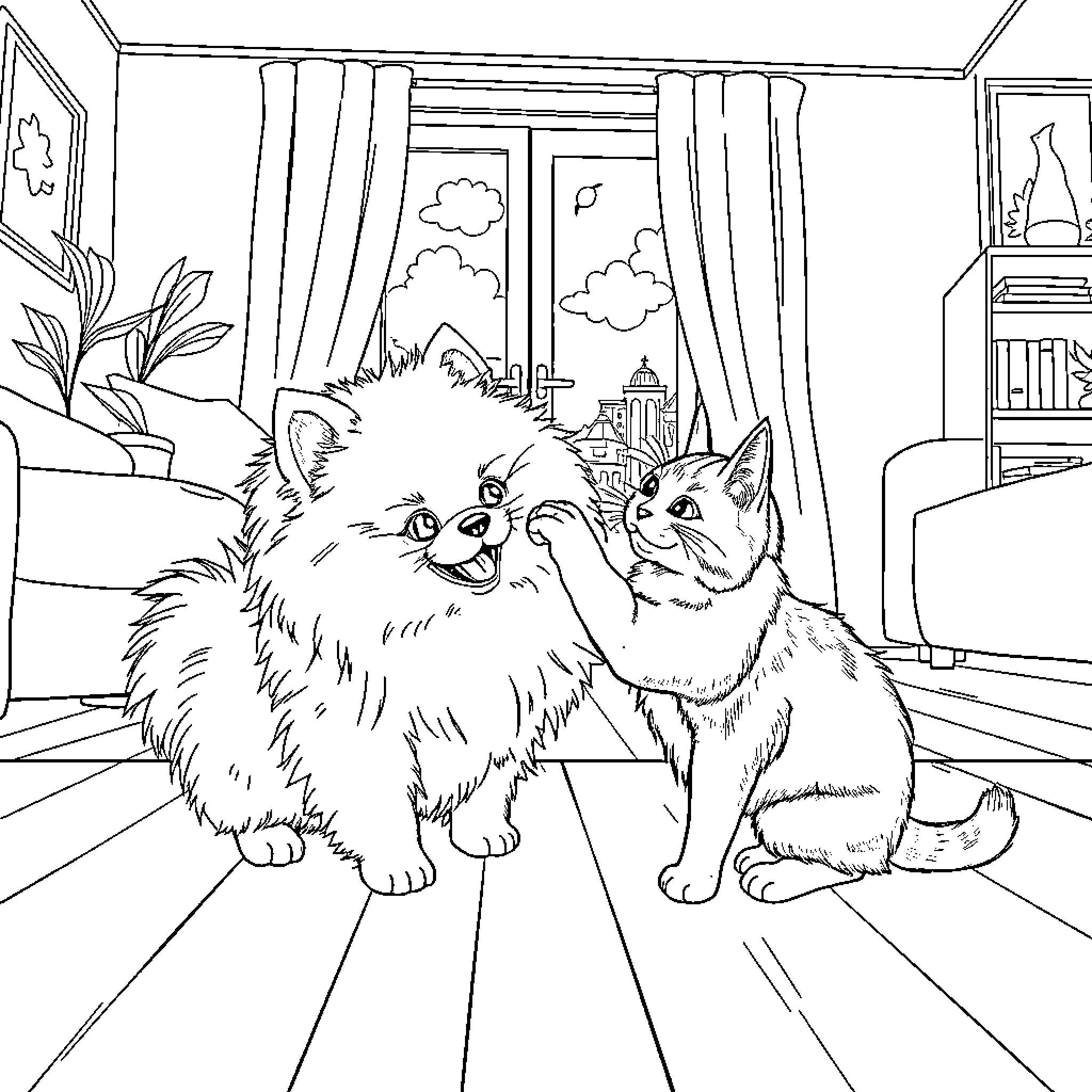 Pomeranian puppies playing together in cozy room Coloring Page (free black-and-white line drawing printable PDF for all, from beginners to advanced learners, including children, teens, adults, and seniors)