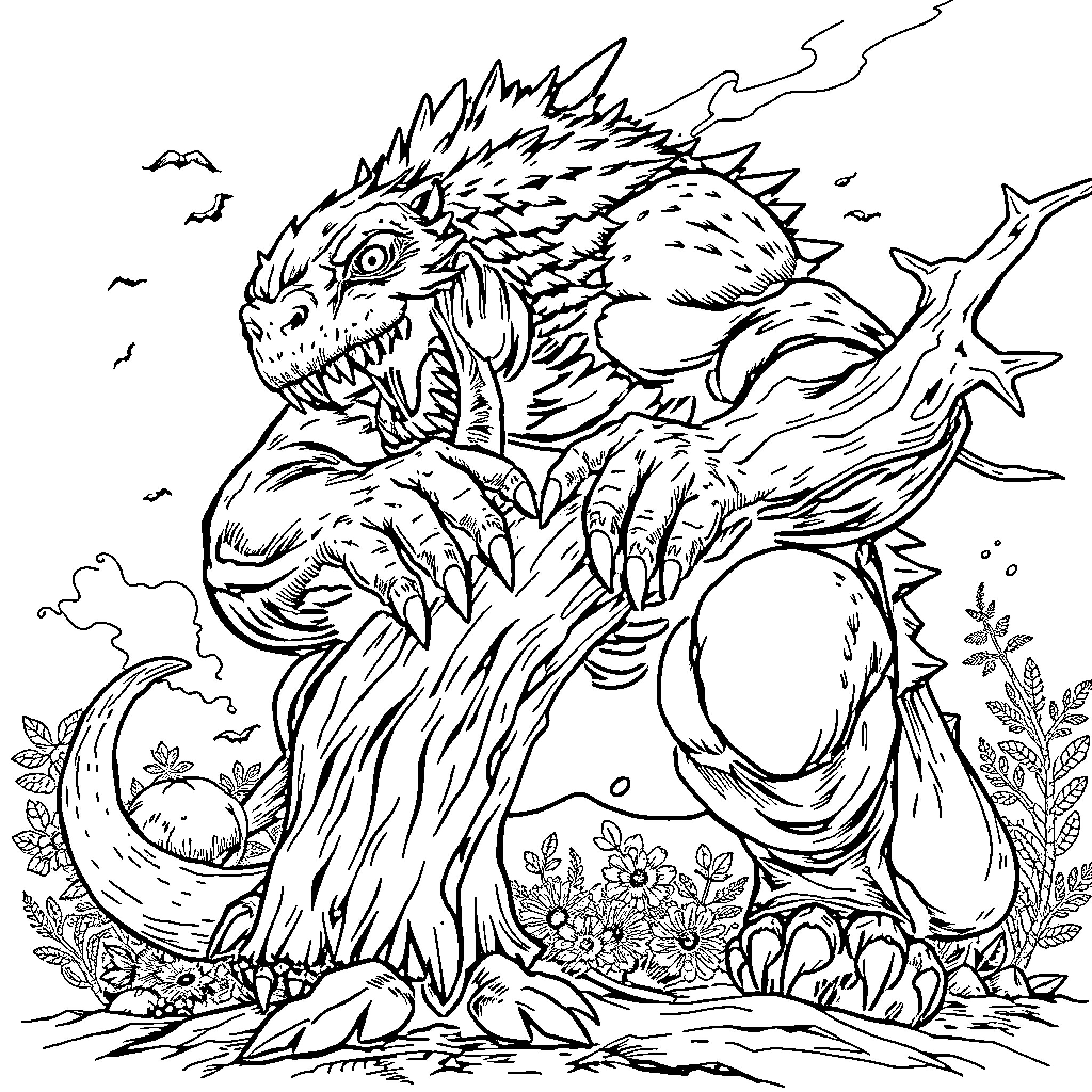 Monster Unleashing Fierce Fury in Nature's Embrace Coloring Page (free black-and-white line drawing printable PDF for all, from beginners to advanced learners, including children, teens, adults, and seniors)