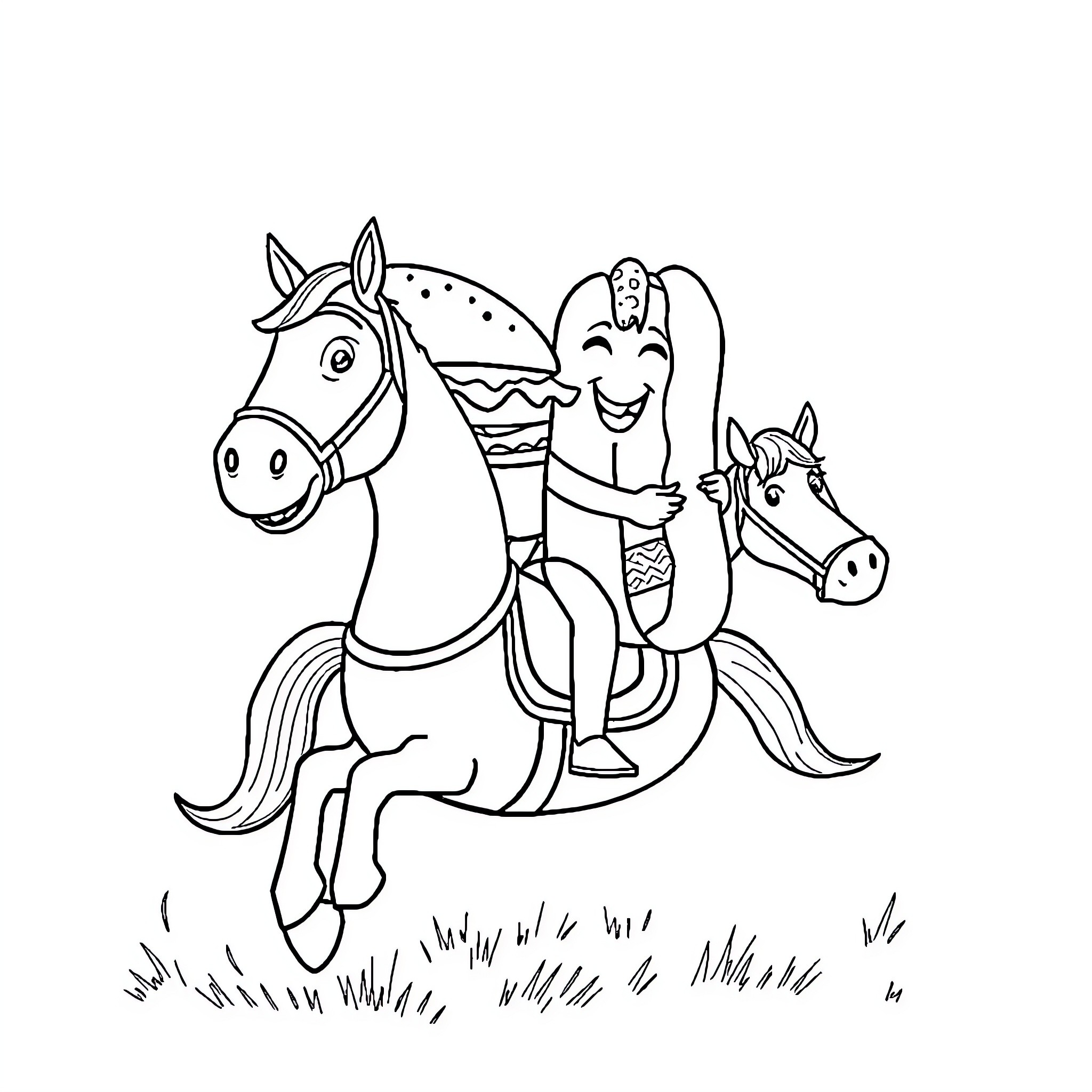 Hamburger characters riding horses in the field Coloring Page (free black-and-white line drawing printable PDF for all, from beginners to advanced learners, including children, teens, adults, and seniors)