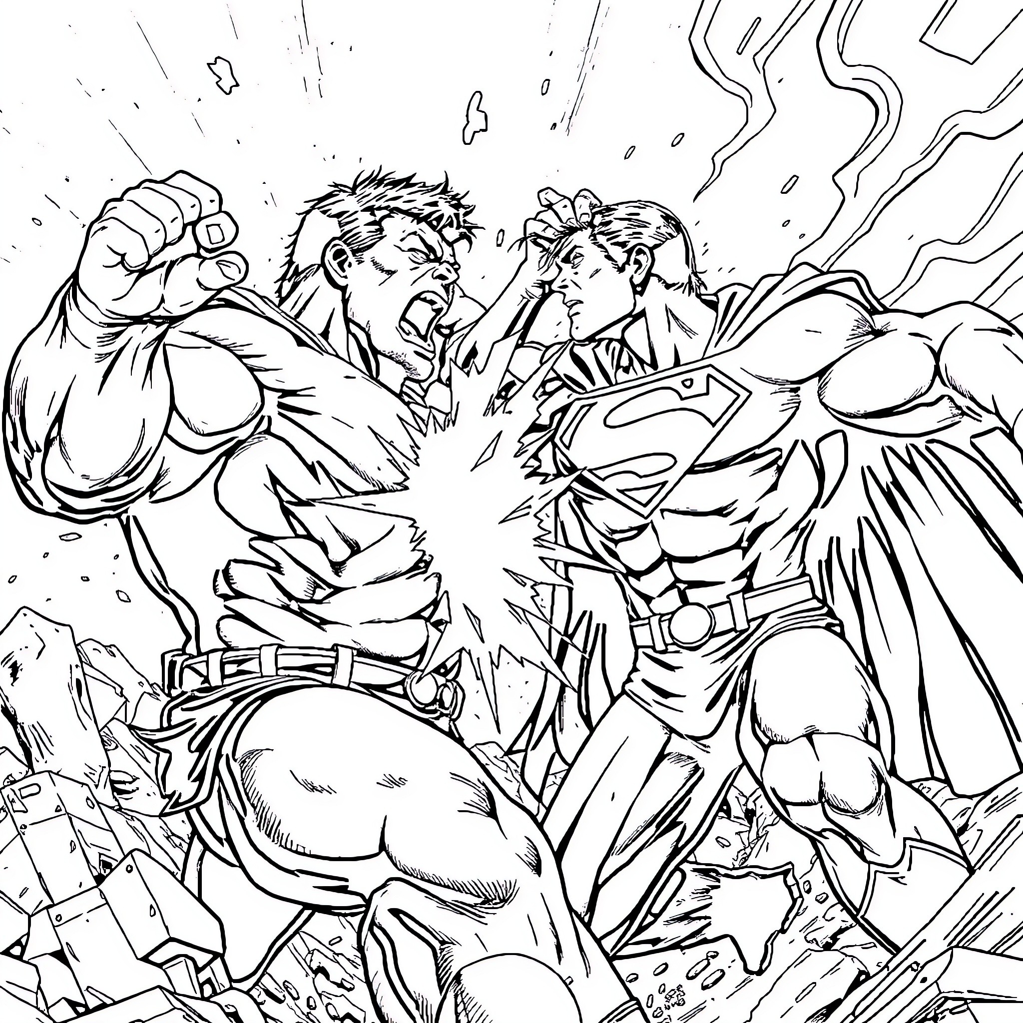Hulk battles heroically against a powerful foe Coloring Page (free black-and-white line drawing printable PDF for all, from beginners to advanced learners, including children, teens, adults, and seniors)