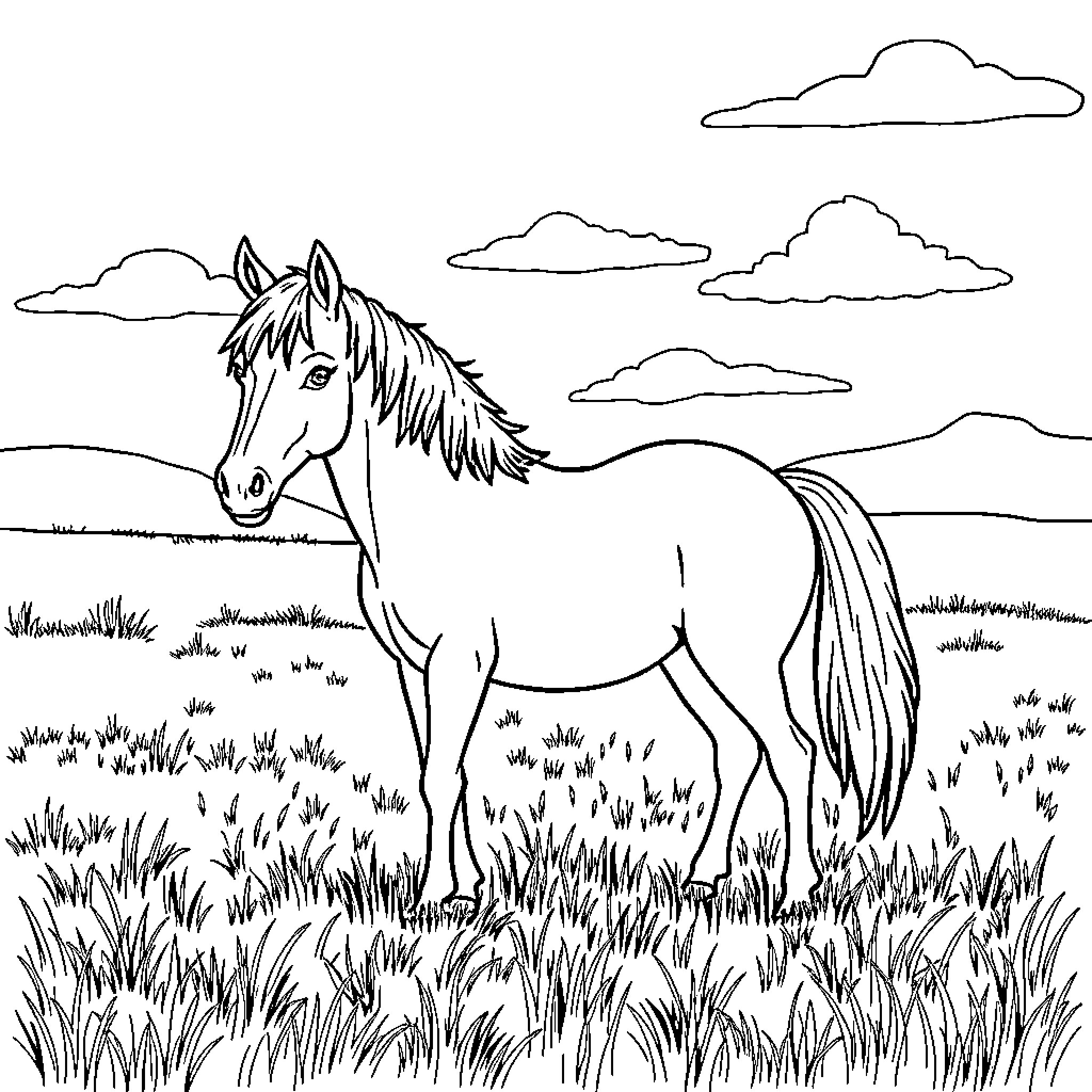 Horse standing in a grassy field under a cloudy sky Coloring Page (free black-and-white line drawing printable PDF for all, from beginners to advanced learners, including children, teens, adults, and seniors)