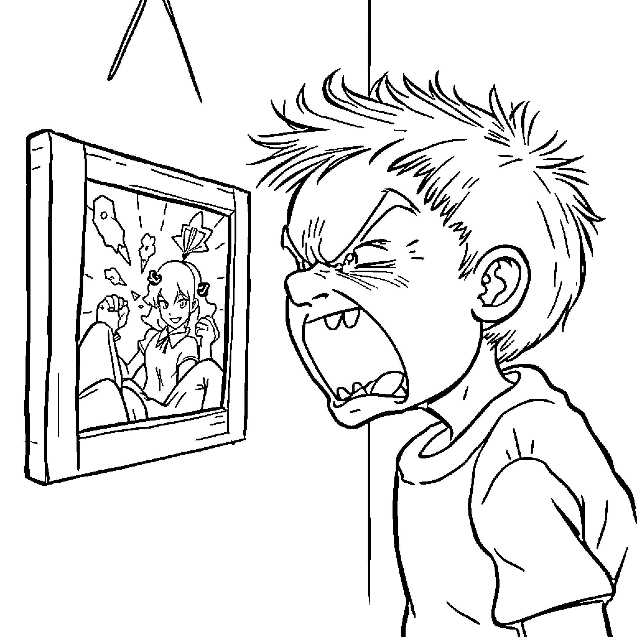 Kid angrily looking at a framed picture Coloring Page (free black-and-white line drawing printable PDF for all, from beginners to advanced learners, including children, teens, adults, and seniors)