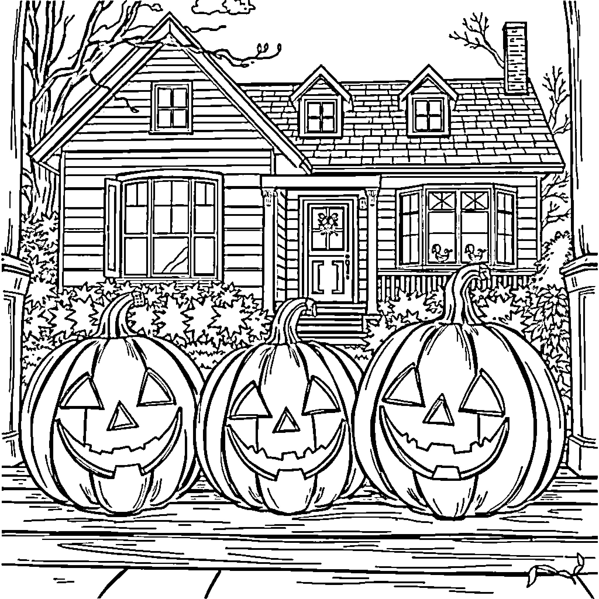 Jack-o'-lanterns gathered outside a cozy cottage Coloring Page (free black-and-white line drawing printable PDF for all, from beginners to advanced learners, including children, teens, adults, and seniors)