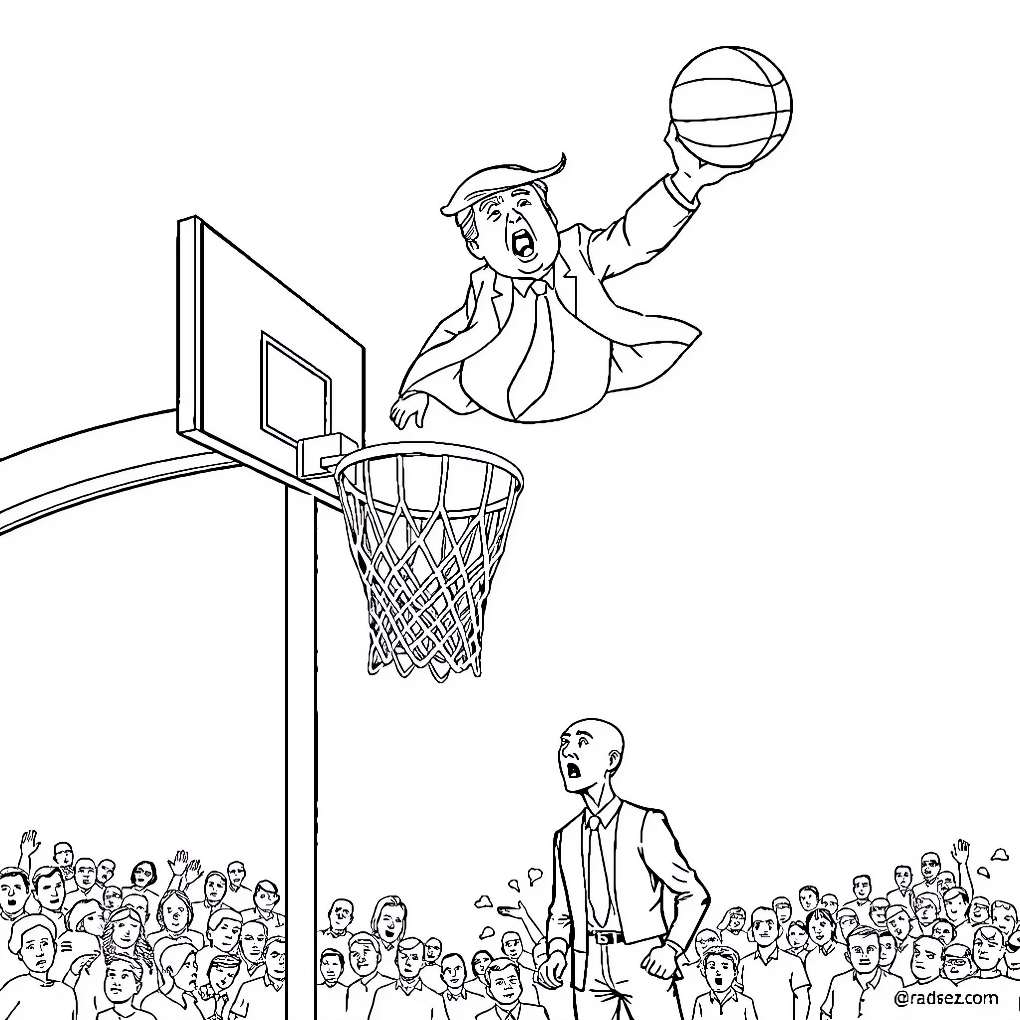 Donald Trump playing basketball with a crowd Coloring Page (free black-and-white line drawing printable PDF for all, from beginners to advanced learners, including children, teens, adults, and seniors)