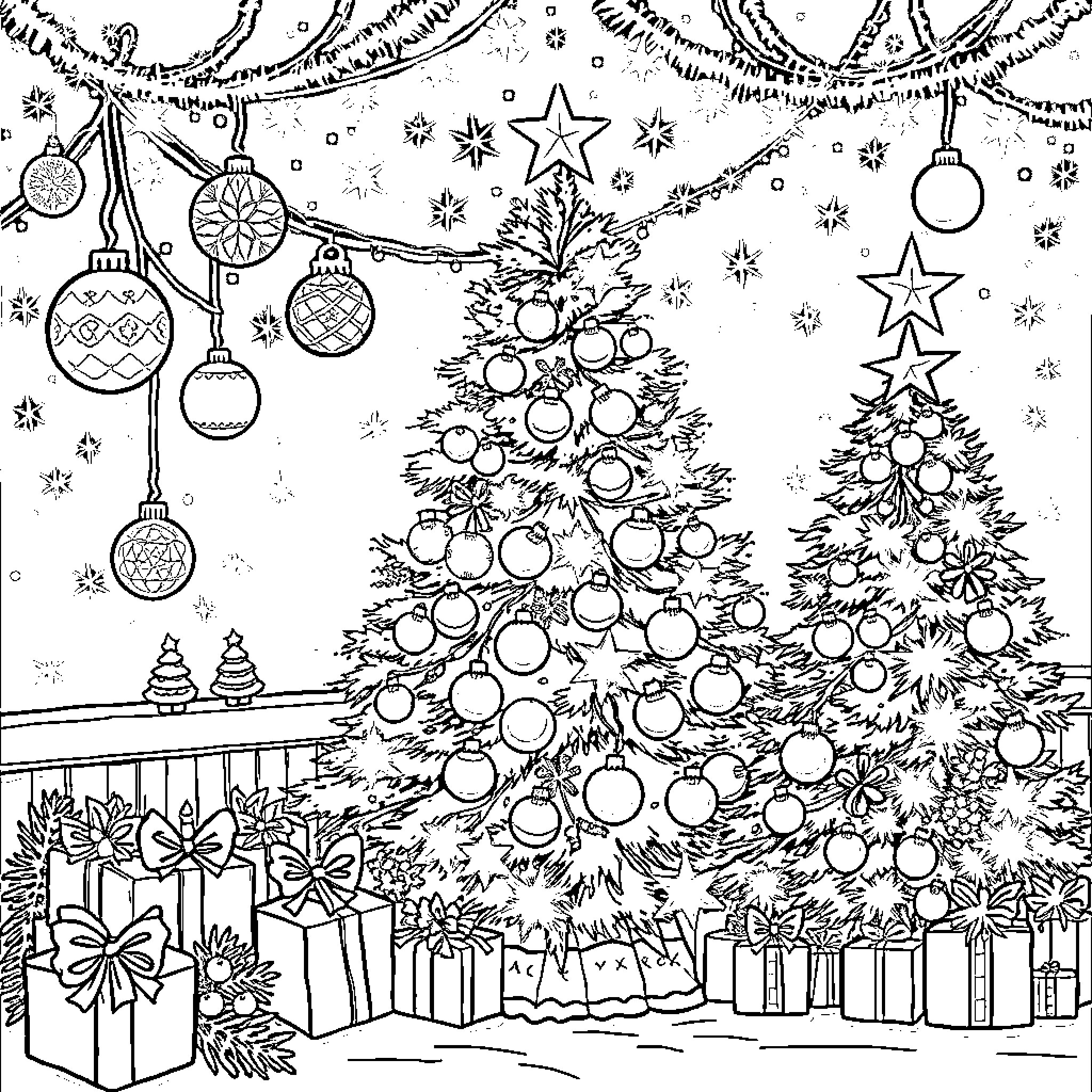 Christmas Wonderland with Decorated Trees and Presents Coloring Page (free black-and-white line drawing printable PDF for all, from beginners to advanced learners, including children, teens, adults, and seniors)