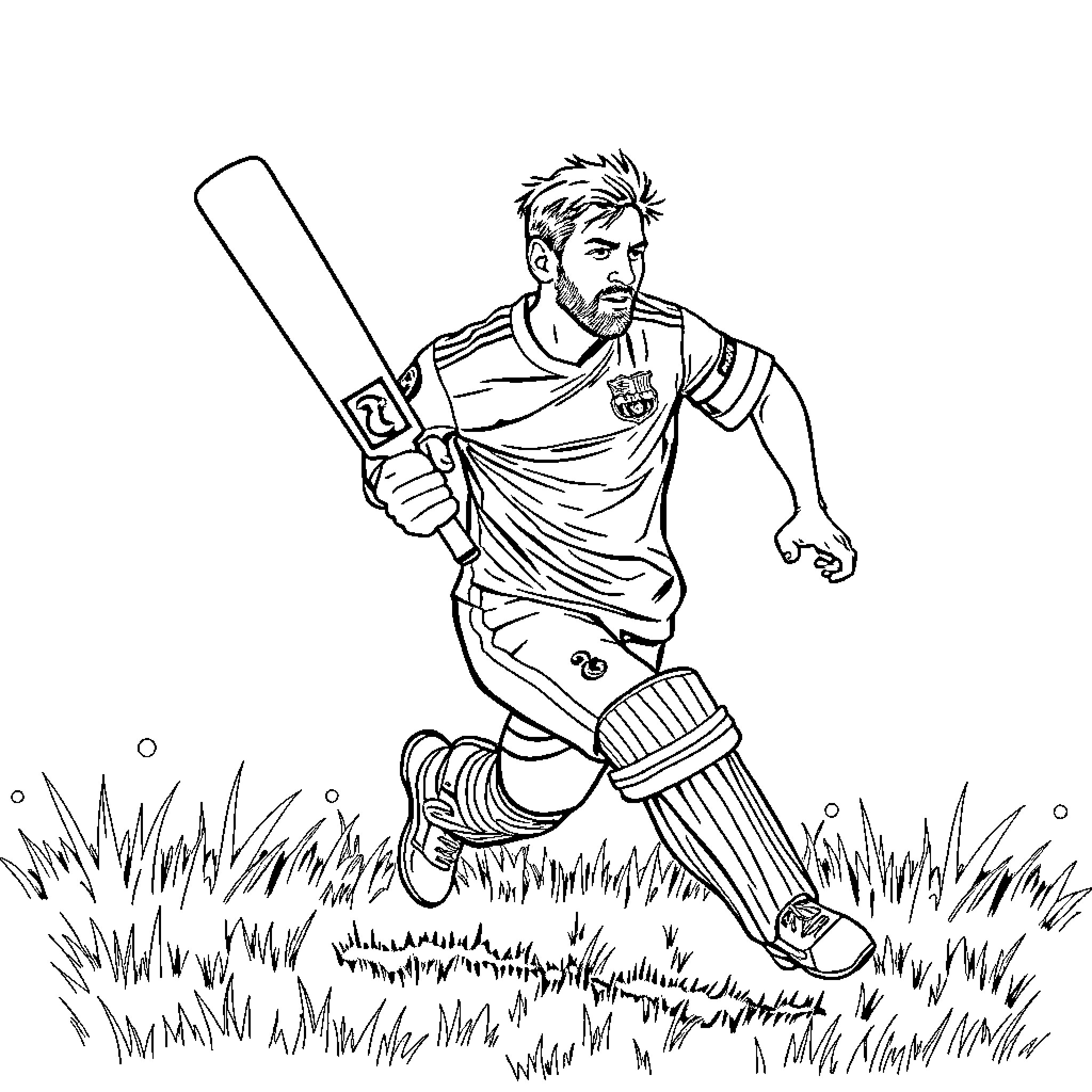 Messi playing cricket in the field Coloring Page (free black-and-white line drawing printable PDF for all, from beginners to advanced learners, including children, teens, adults, and seniors)