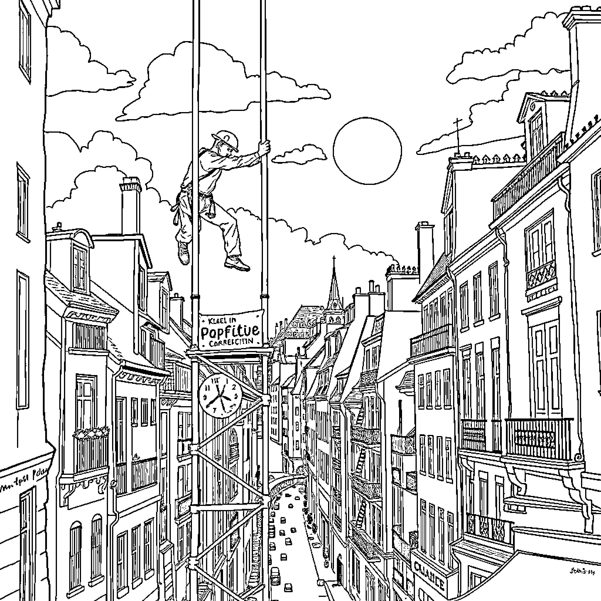 Kjell Nørbech's Artistic Depiction of a Vibrant Urban Landscape Coloring Page (free black-and-white line drawing printable PDF for all, from beginners to advanced learners, including children, teens, adults, and seniors)