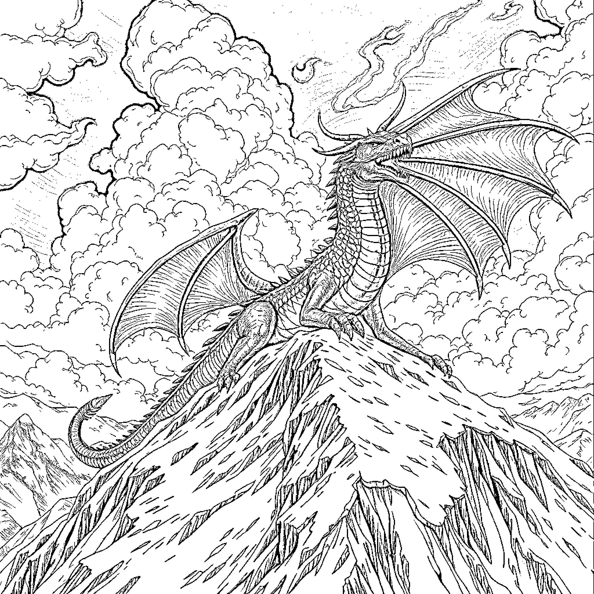 Dragon soaring through the stormy skies Coloring Page (free black-and-white line drawing printable PDF for all, from beginners to advanced learners, including children, teens, adults, and seniors)