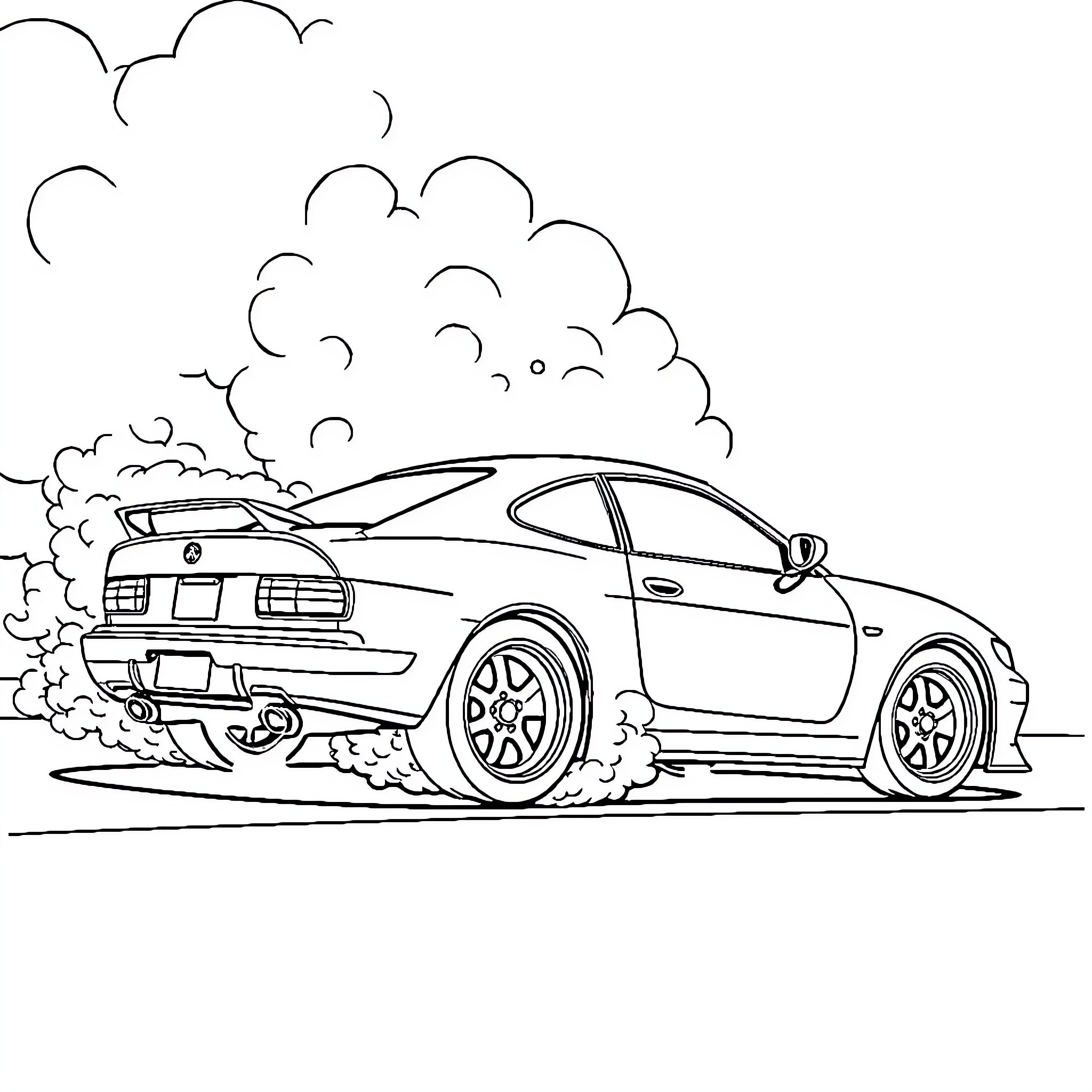 Car in motion with smoke and clouds Coloring Page (free black-and-white line drawing printable PDF for all, from beginners to advanced learners, including children, teens, adults, and seniors)