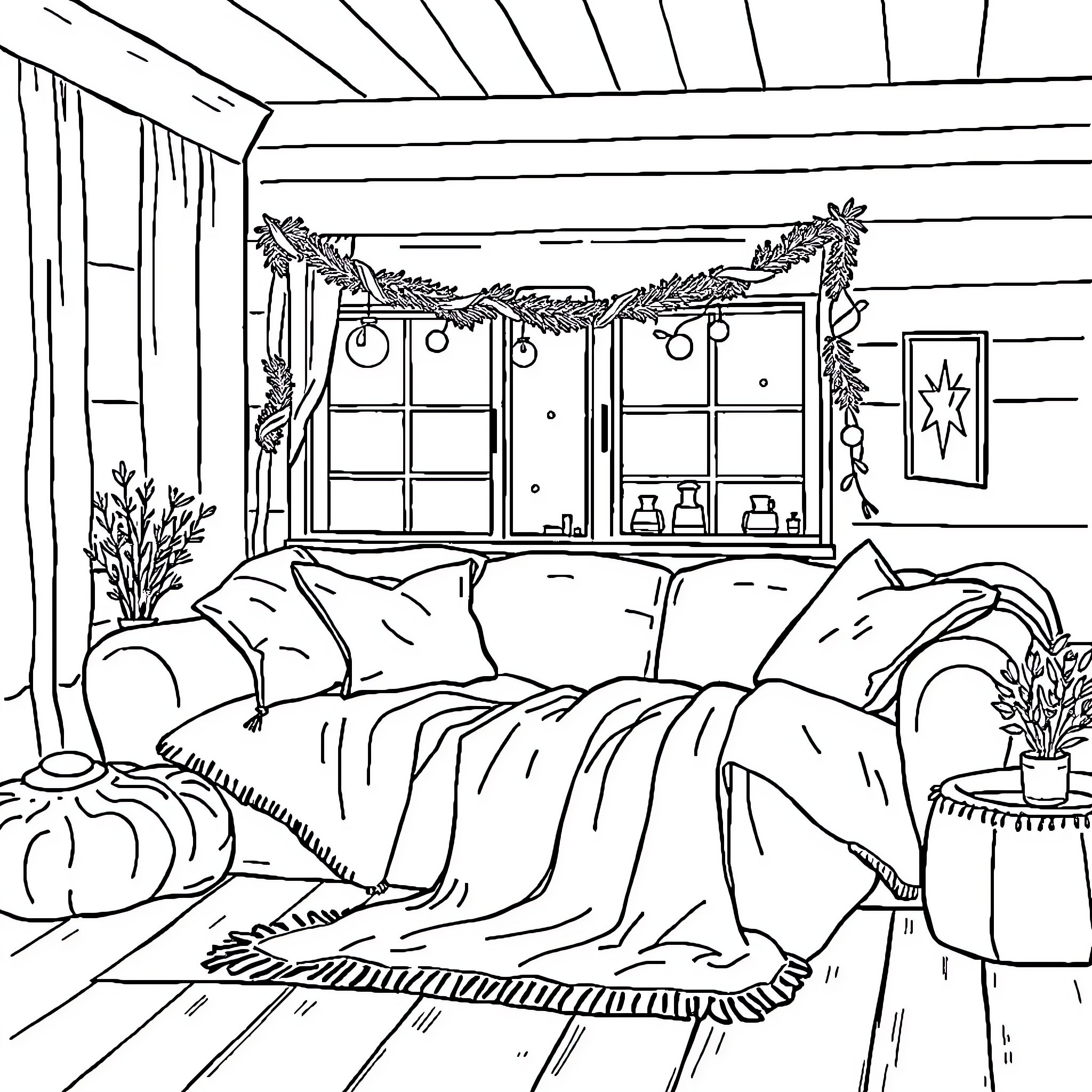 Cozy Cabin Getaway with Rustic Charm Coloring Page (free black-and-white line drawing printable PDF for all, from beginners to advanced learners, including children, teens, adults, and seniors)