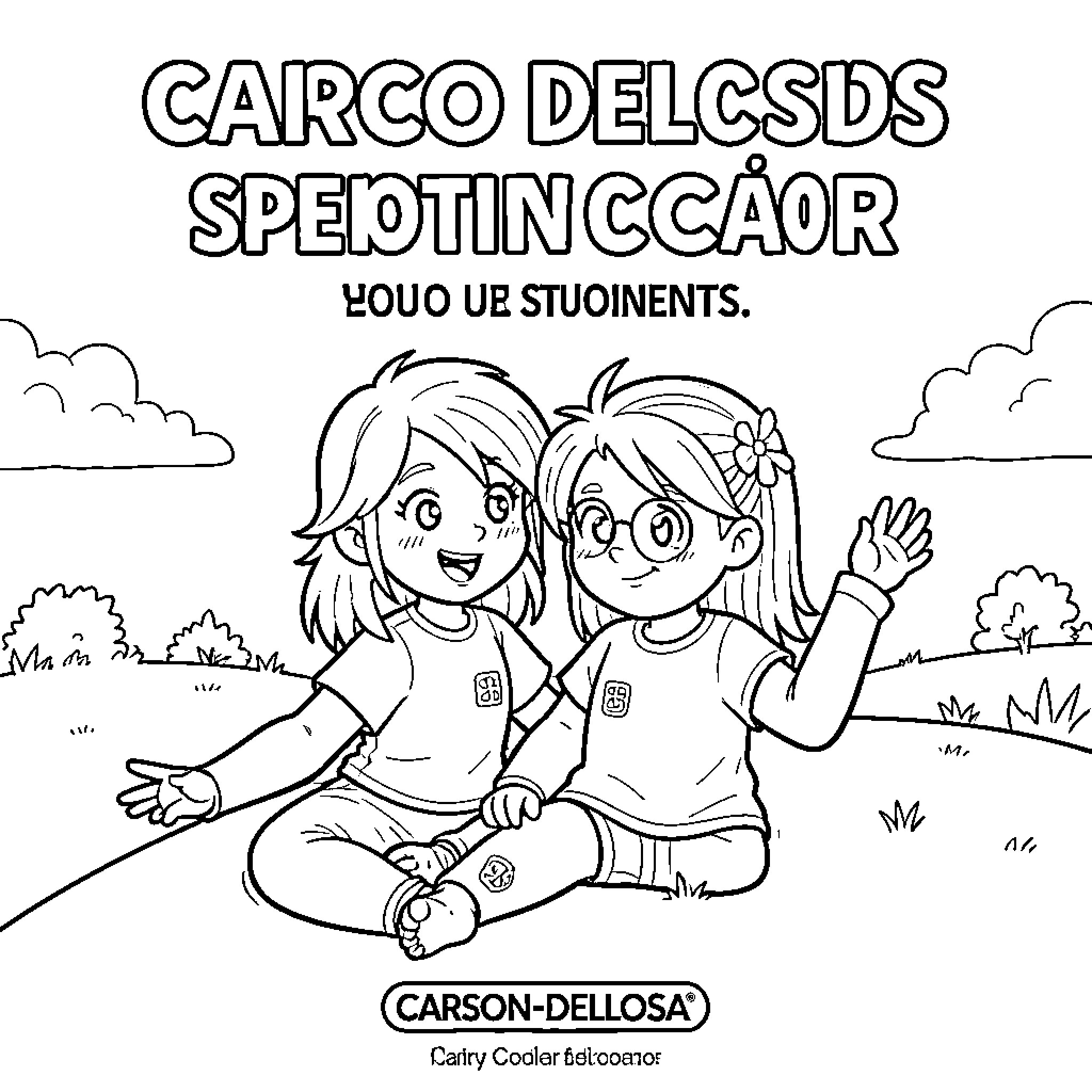 Carson Dellosa two young girls sitting and waving Coloring Page (free black-and-white line drawing printable PDF for all, from beginners to advanced learners, including children, teens, adults, and seniors)