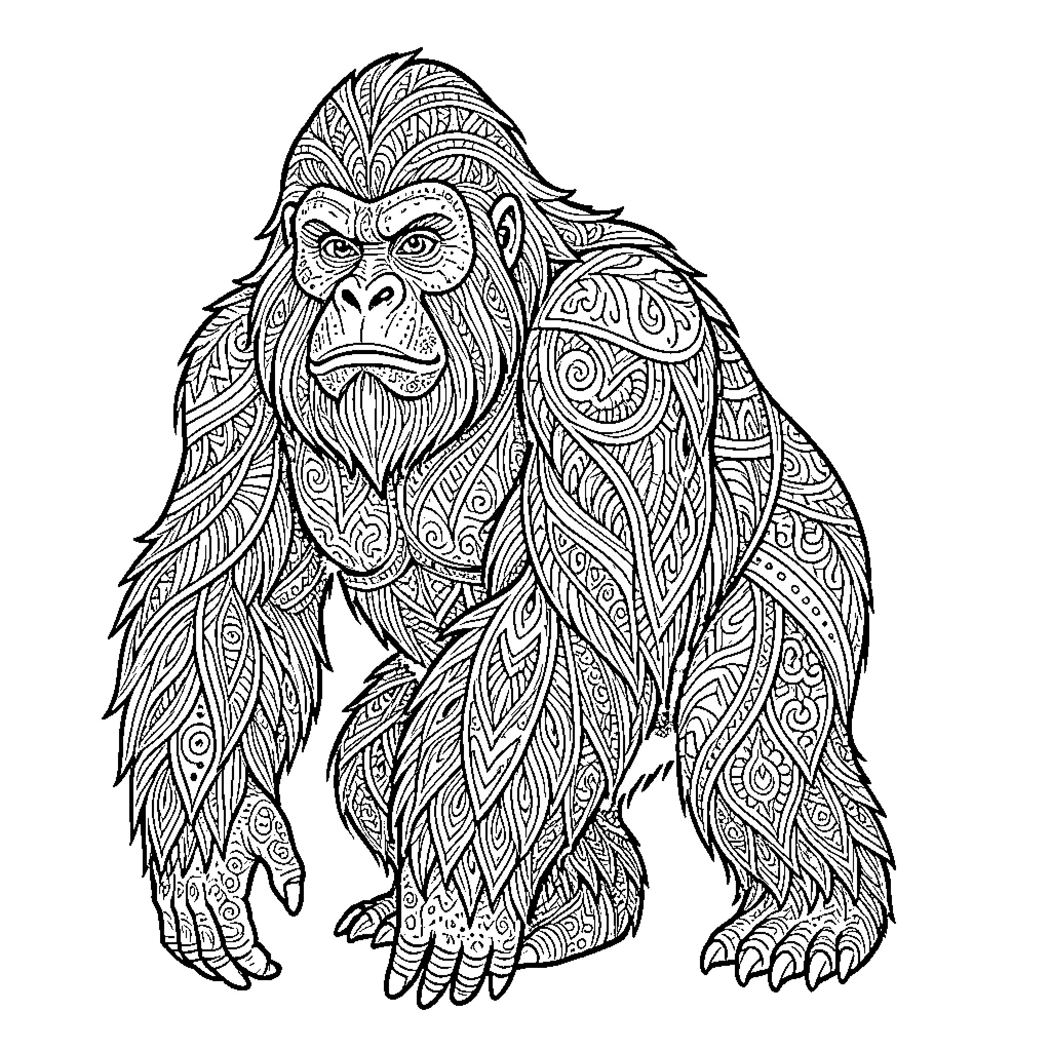 Sasquatch in Intricate Tribal Patterns Coloring Page (free black-and-white line drawing printable PDF for all, from beginners to advanced learners, including children, teens, adults, and seniors)