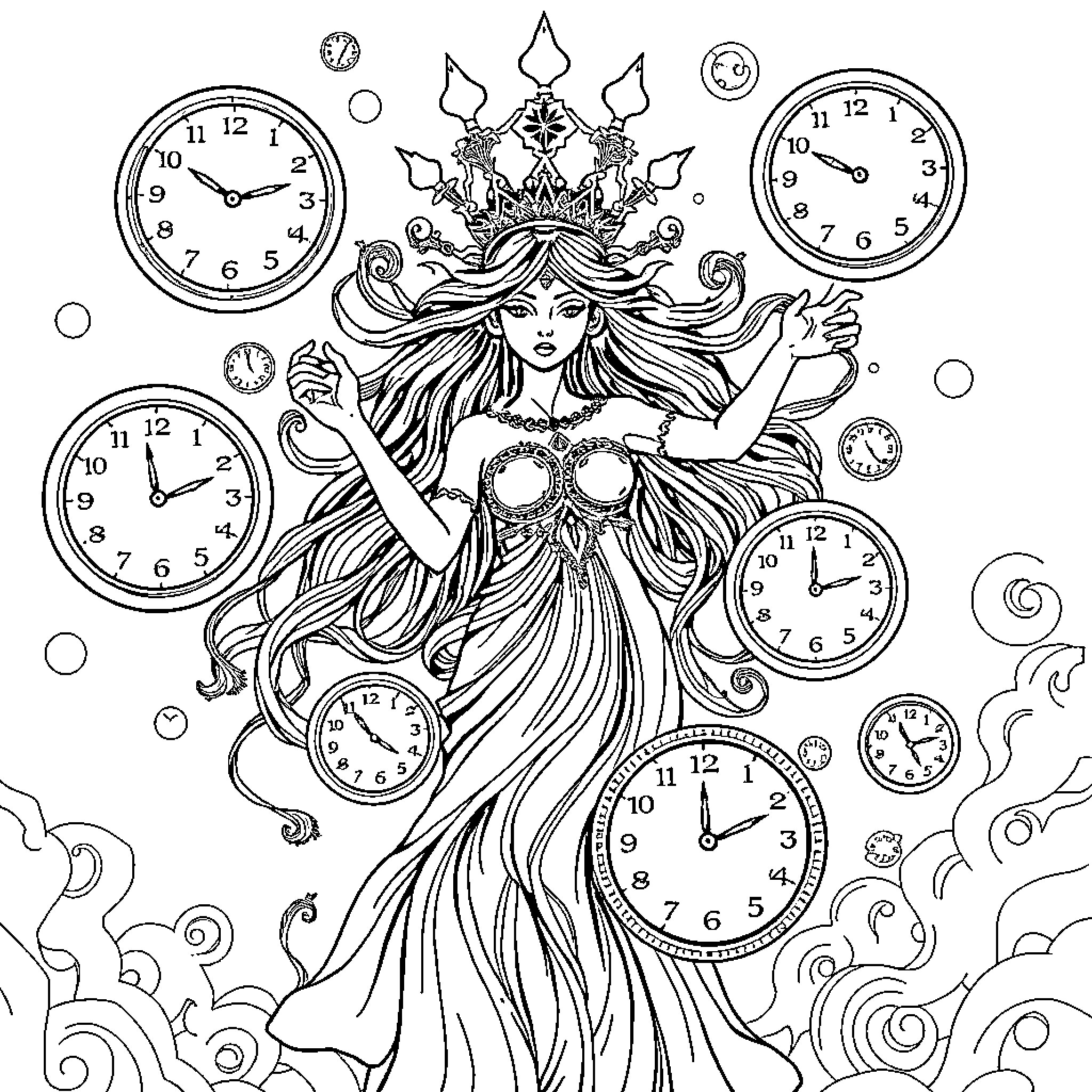 Goddess of Time in Ethereal Splendor Coloring Page (free black-and-white line drawing printable PDF for all, from beginners to advanced learners, including children, teens, adults, and seniors)