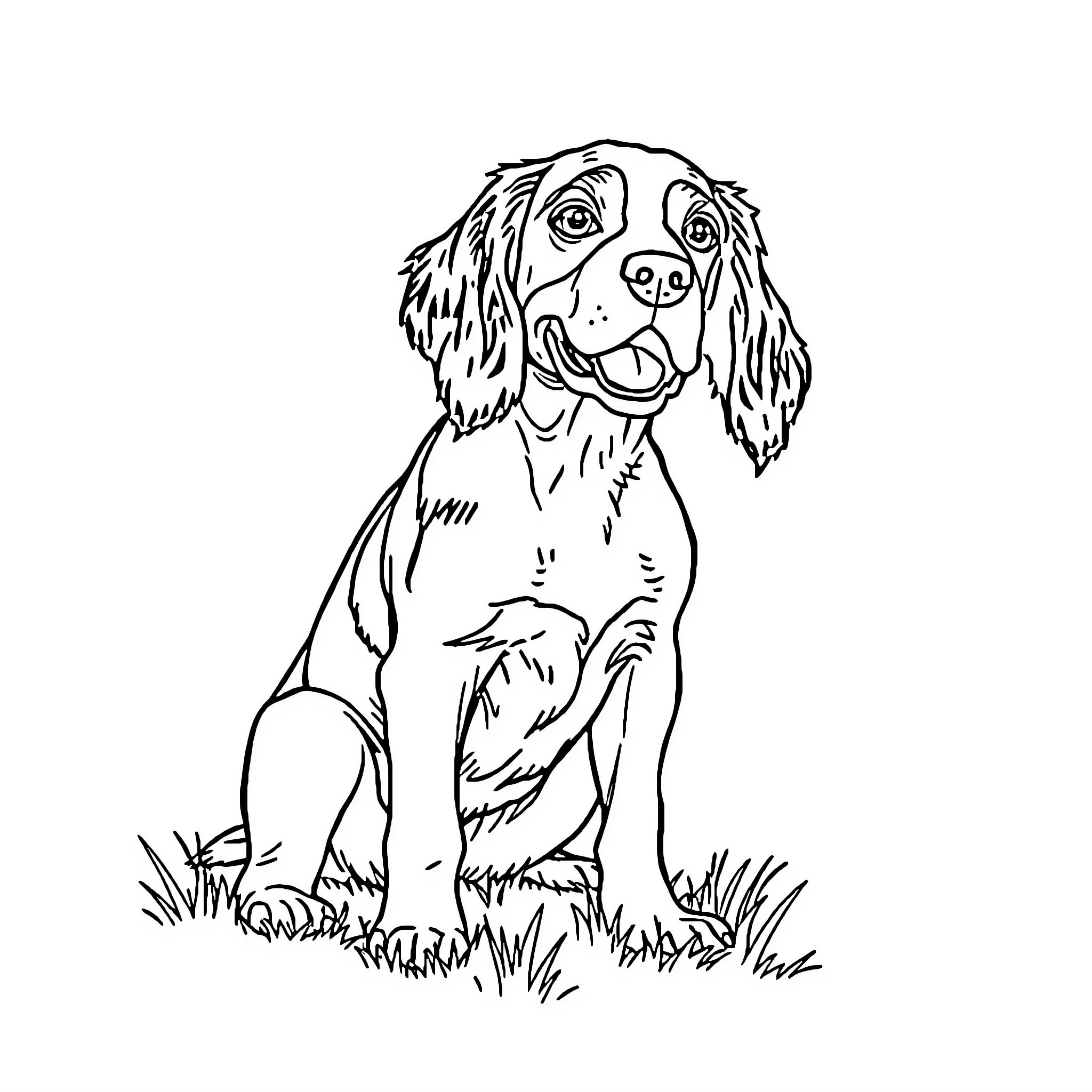 Brittany Spaniel sitting happily in the grass Coloring Page (free black-and-white line drawing printable PDF for all, from beginners to advanced learners, including children, teens, adults, and seniors)