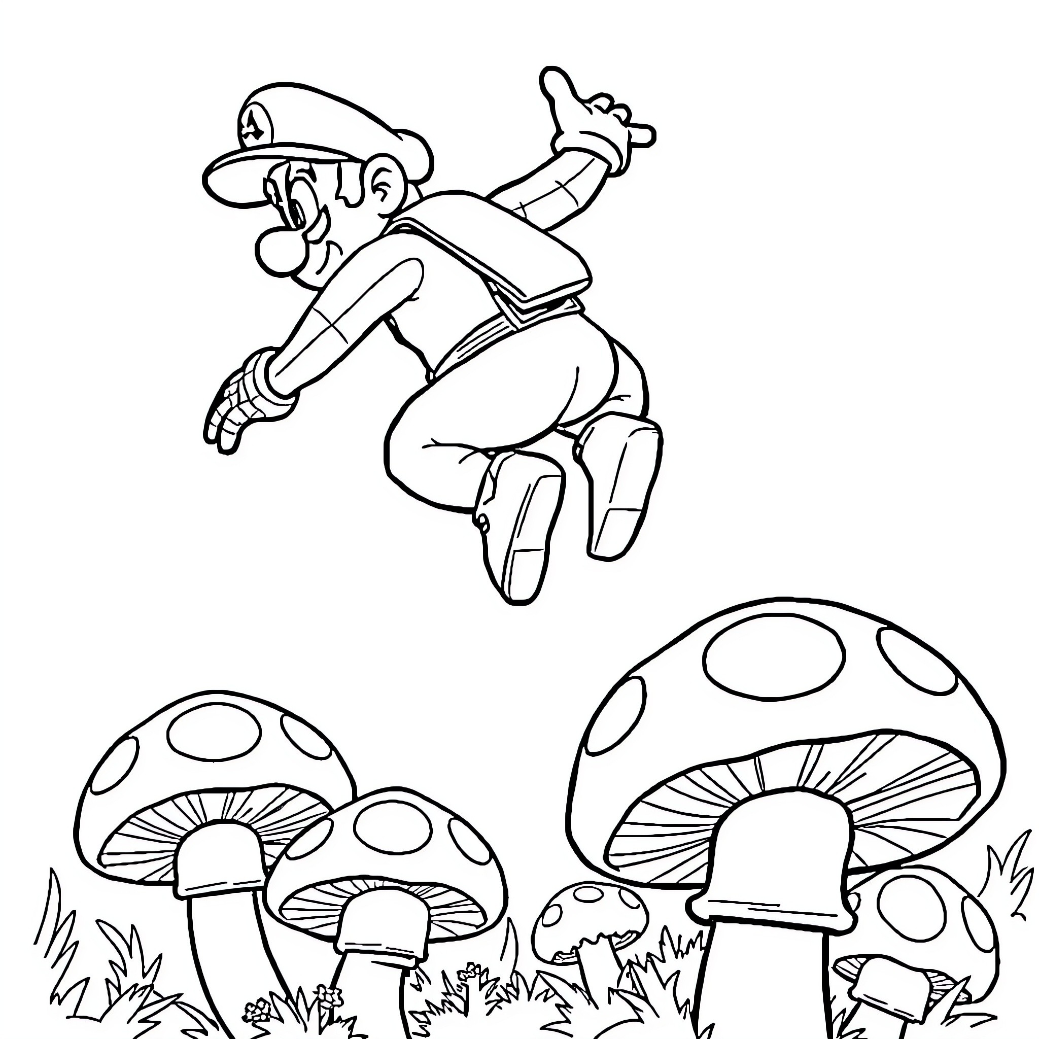 Mario jumping in the mushroom forest Coloring Page (free black-and-white line drawing printable PDF for all, from beginners to advanced learners, including children, teens, adults, and seniors)