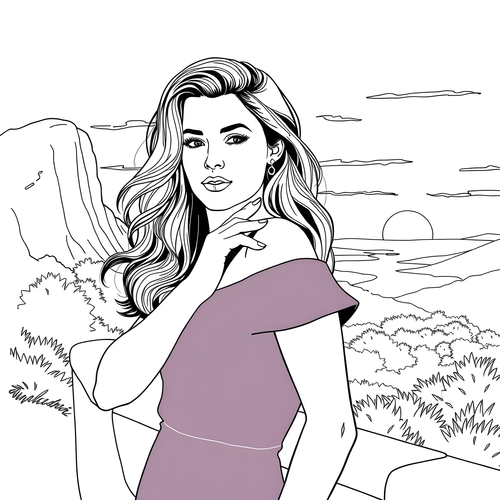 Olivia Dunne Posing Gracefully in a Scenic Outdoor Setting Coloring Page (free black-and-white line drawing printable PDF for all, from beginners to advanced learners, including children, teens, adults, and seniors)
