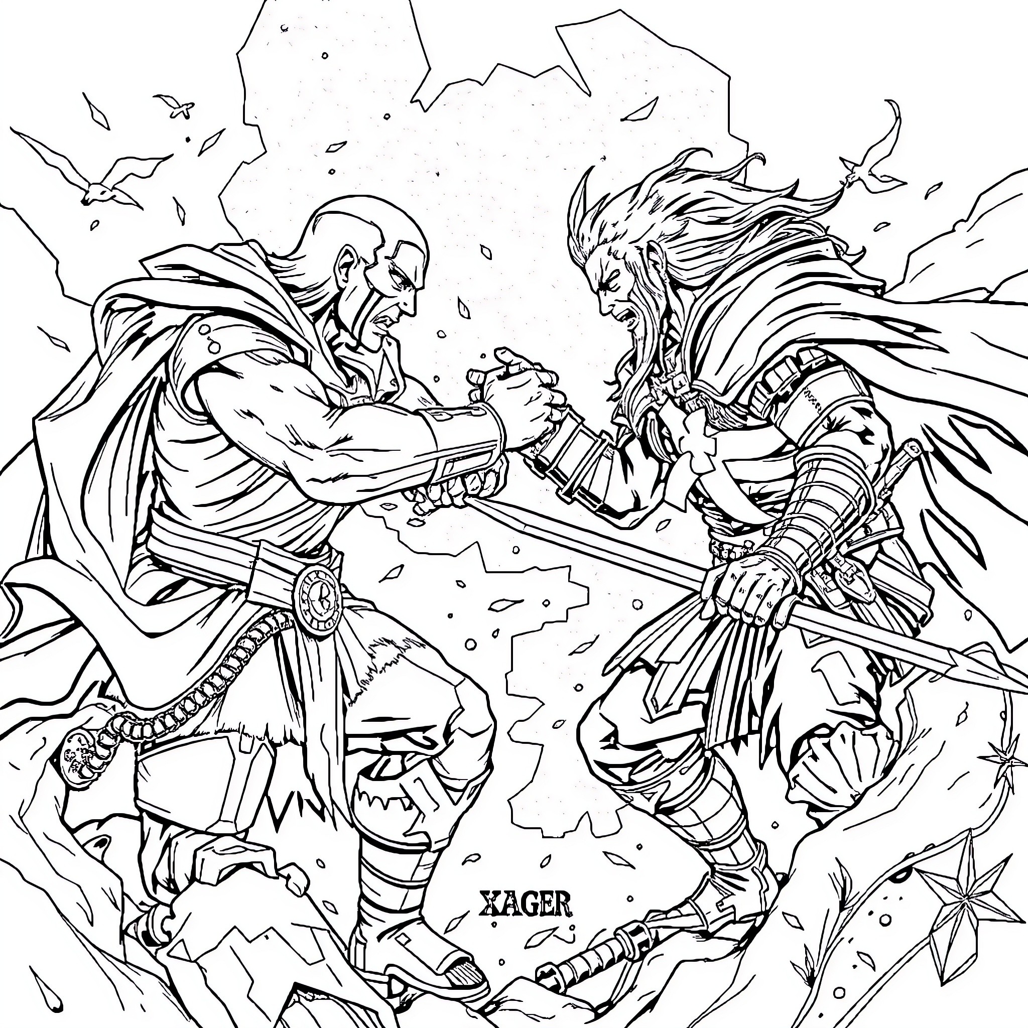 Xebec: Legendary Warriors Clashing in Epic Battle Coloring Page (free black-and-white line drawing printable PDF for all, from beginners to advanced learners, including children, teens, adults, and seniors)