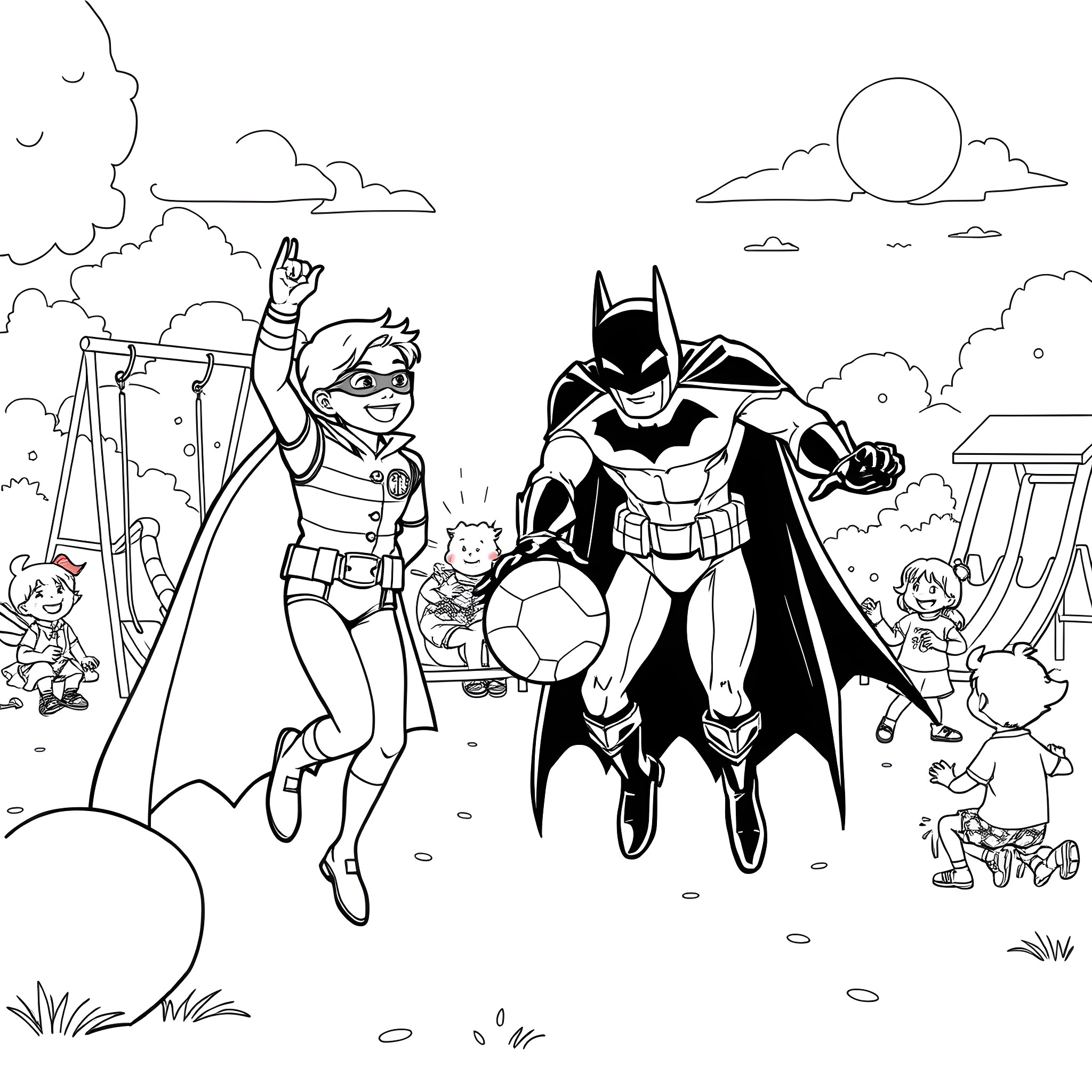 Batman and sidekick battling villains in the park Coloring Page (free black-and-white line drawing printable PDF for all, from beginners to advanced learners, including children, teens, adults, and seniors)