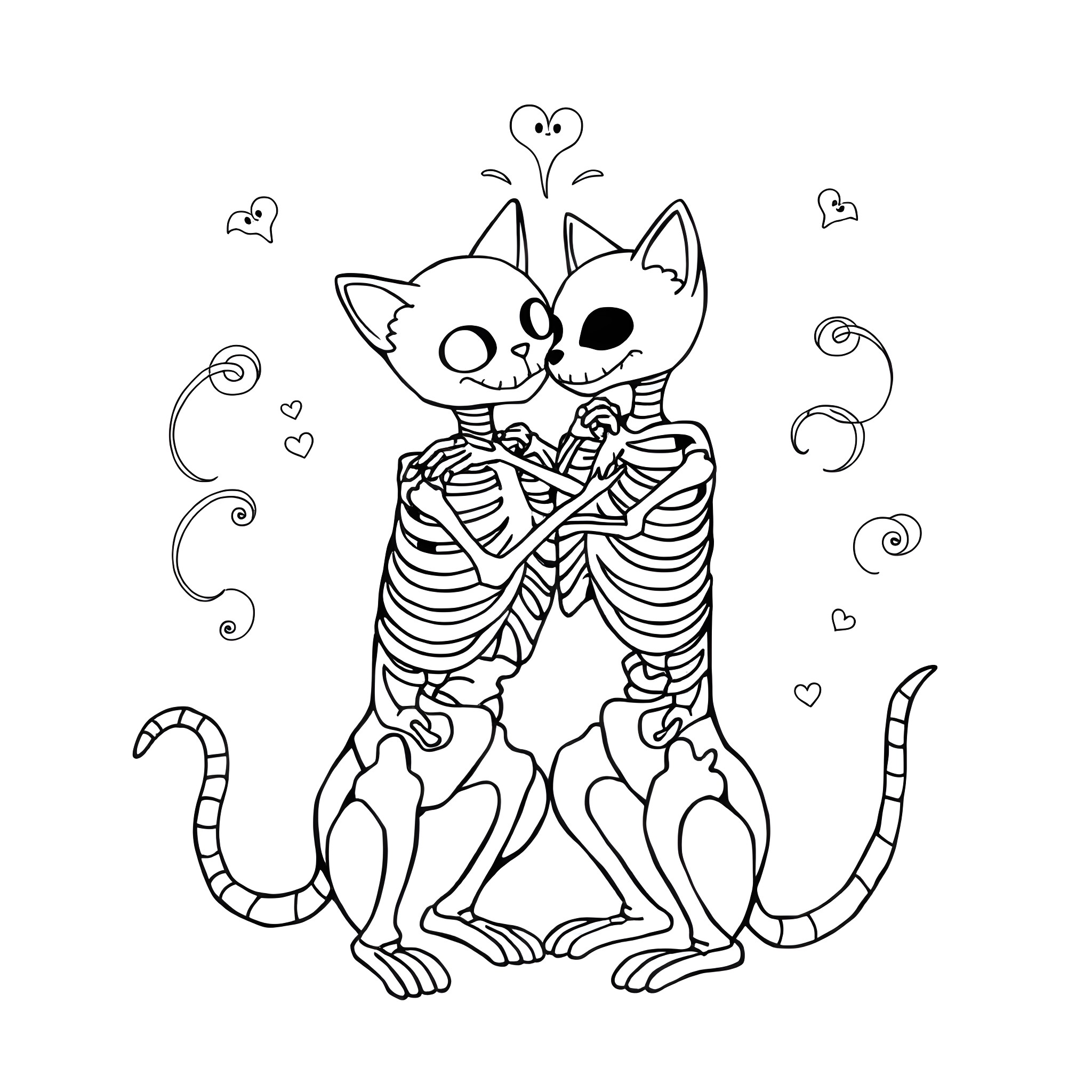 Skeleton Cats embracing lovingly Coloring Page (free black-and-white line drawing printable PDF for all, from beginners to advanced learners, including children, teens, adults, and seniors)