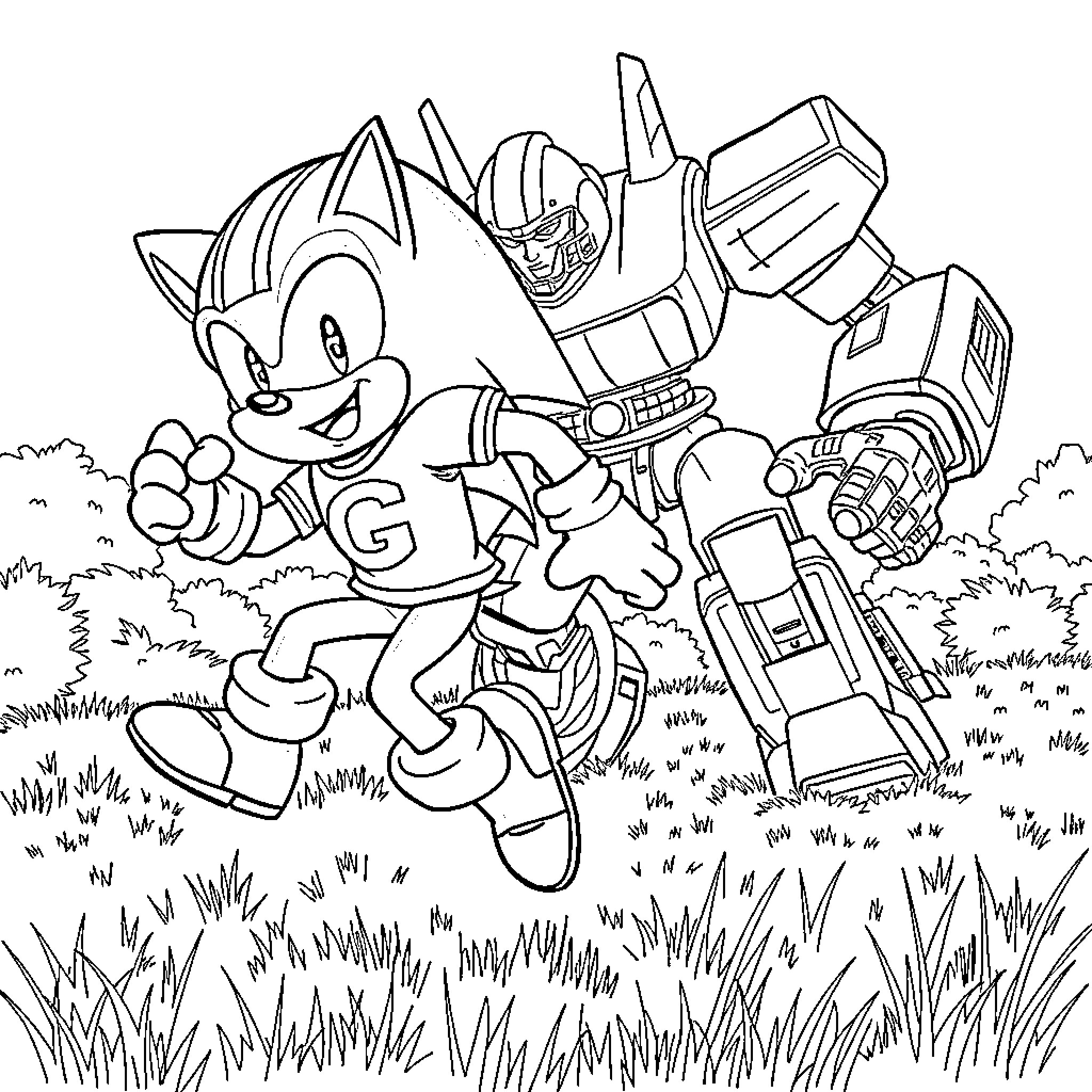 Sonic the Hedgehog Playful Adventure with Robot Coloring Page (free black-and-white line drawing printable PDF for all, from beginners to advanced learners, including children, teens, adults, and seniors)
