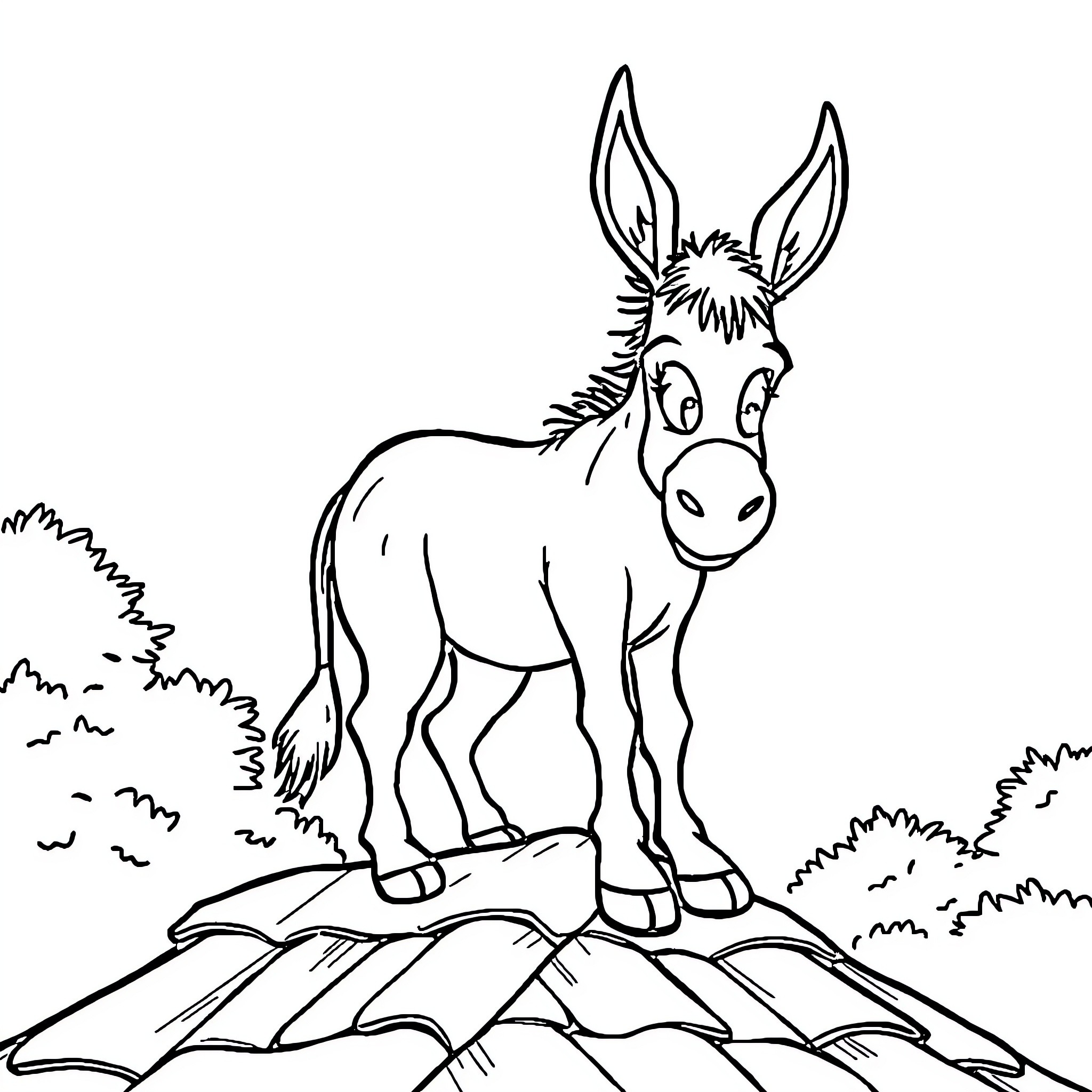 Donkey standing on rocky outcrop Coloring Page (free black-and-white line drawing printable PDF for all, from beginners to advanced learners, including children, teens, adults, and seniors)