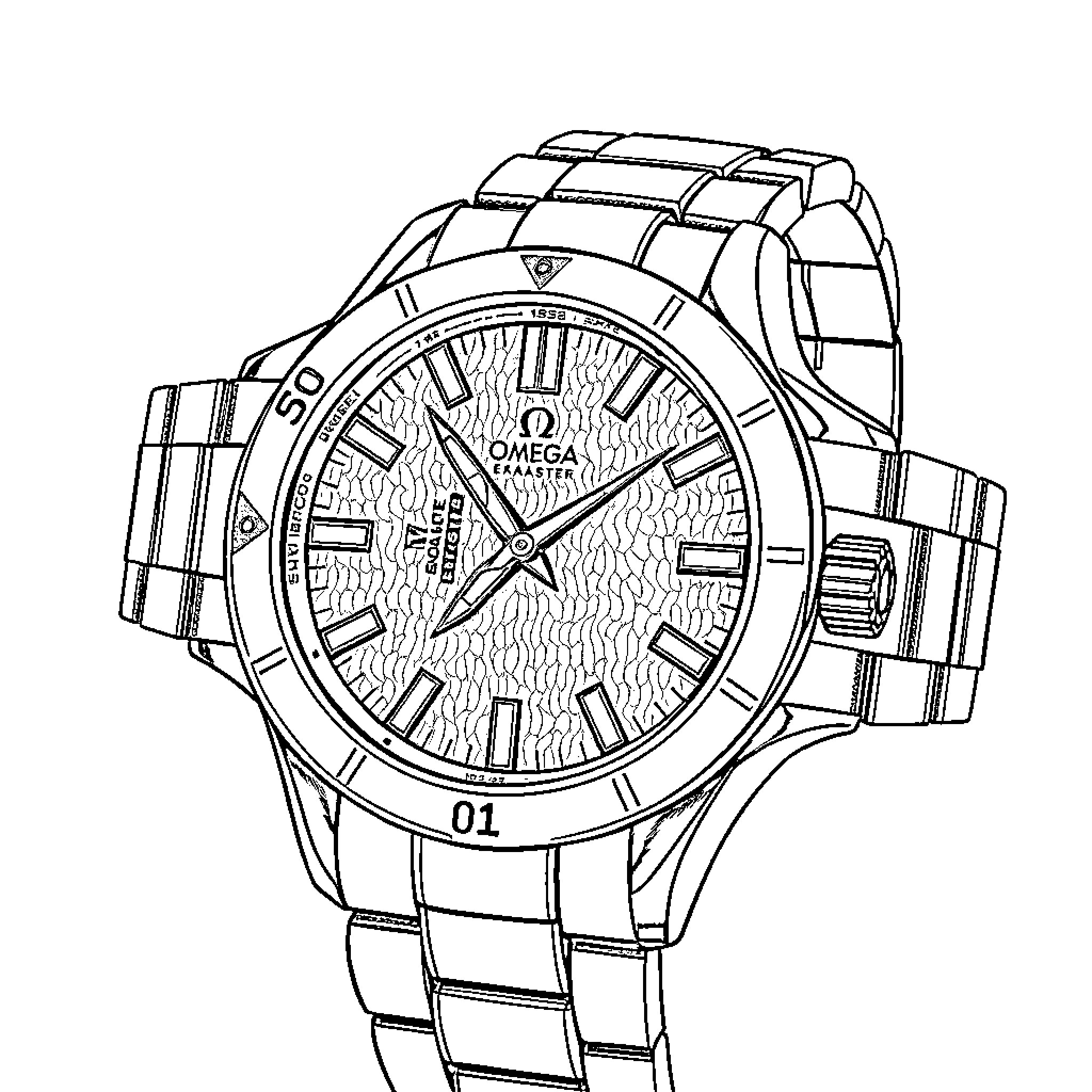 Omega Seamaster Men's Wristwatch Coloring Page (free black-and-white line drawing printable PDF for all, from beginners to advanced learners, including children, teens, adults, and seniors)