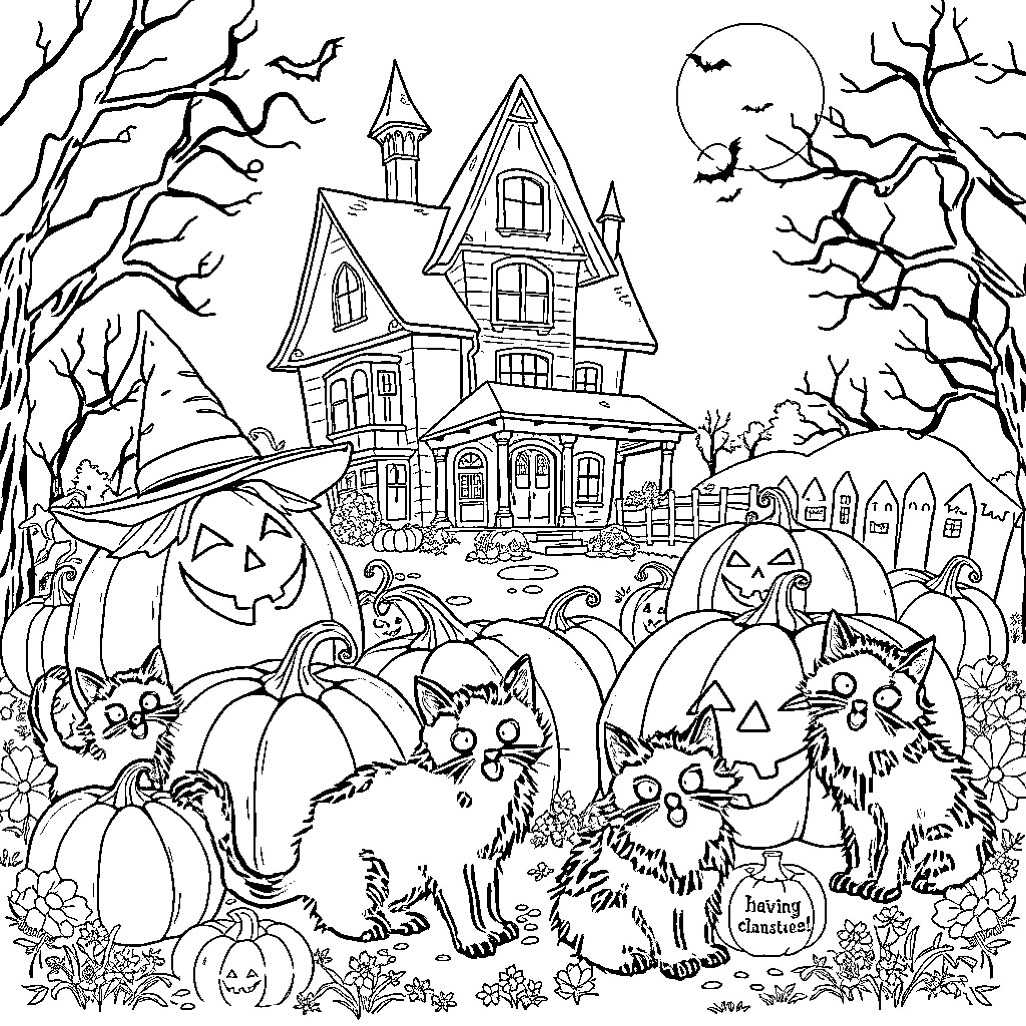 Pumpkin-filled Halloween scene with haunted house Coloring Page (free black-and-white line drawing printable PDF for all, from beginners to advanced learners, including children, teens, adults, and seniors)